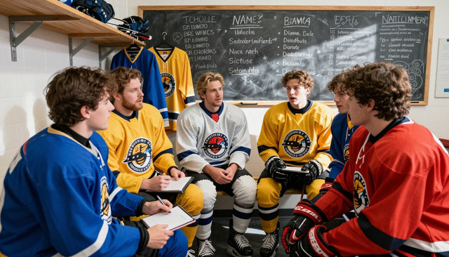Hockey players in matching jerseys gathering around a bench to choose a team name