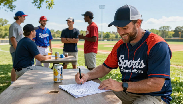 A coach fills in a roster sheet for a beer league baseball team