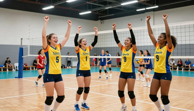 Smiling volleyball players in matching jerseys cheering beside a bright indoor net