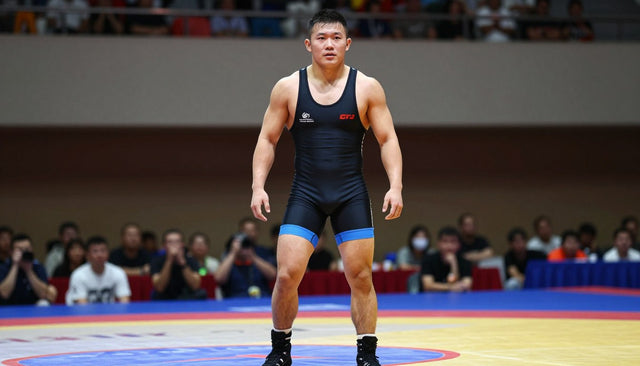 Wrestler in a black one-piece singlet standing on a mat before a match