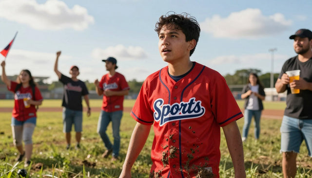 Fan in a red team jersey standing in muddy grass before a game