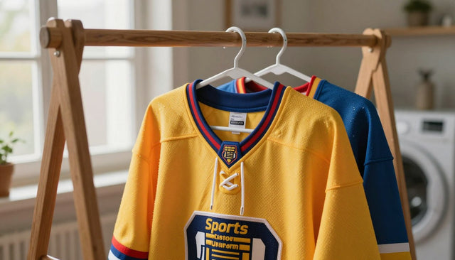Hockey jersey hanging inside out on a rack after a gentle wash