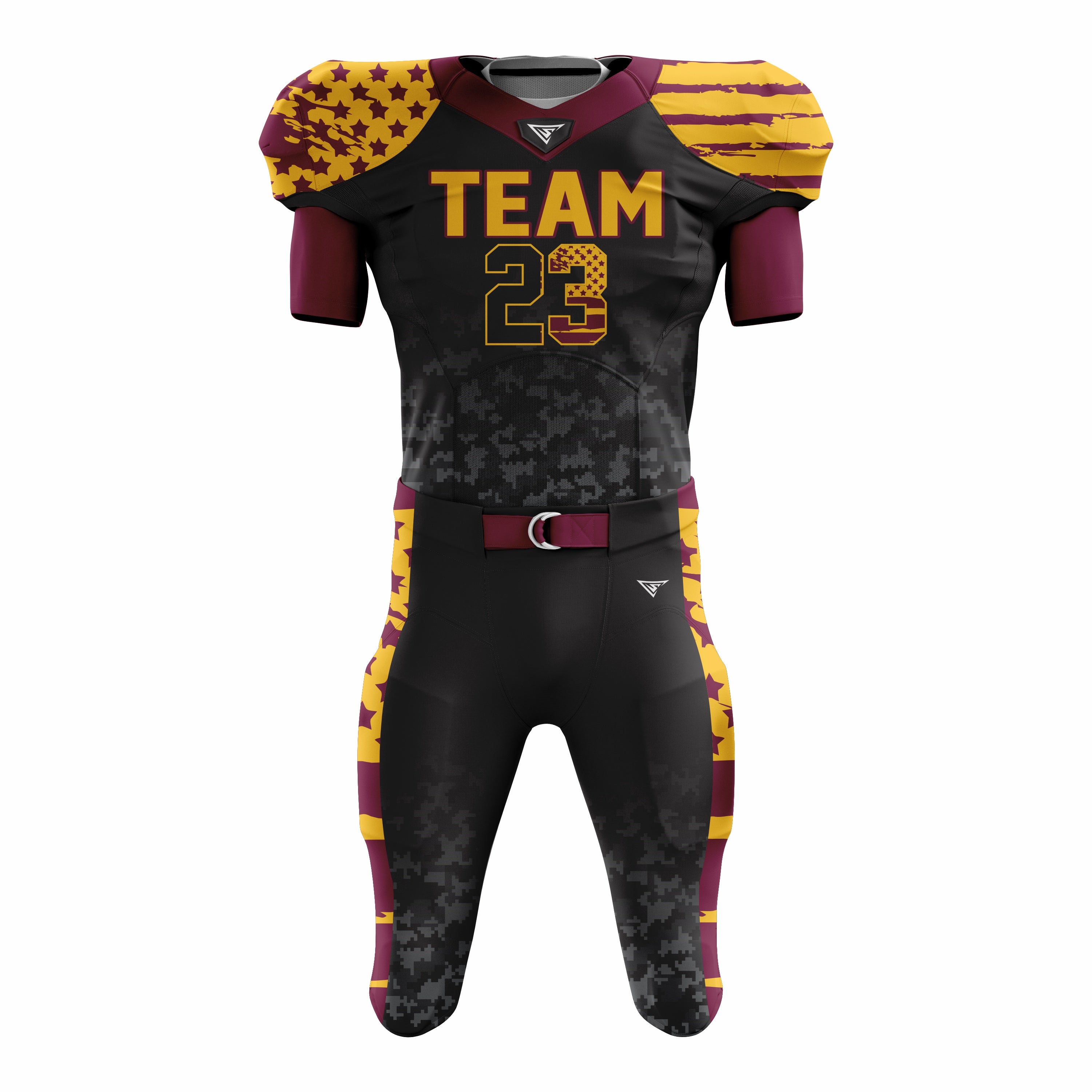 Custom Yellow Black Maroon American Football Uniforms with Integrated Pads