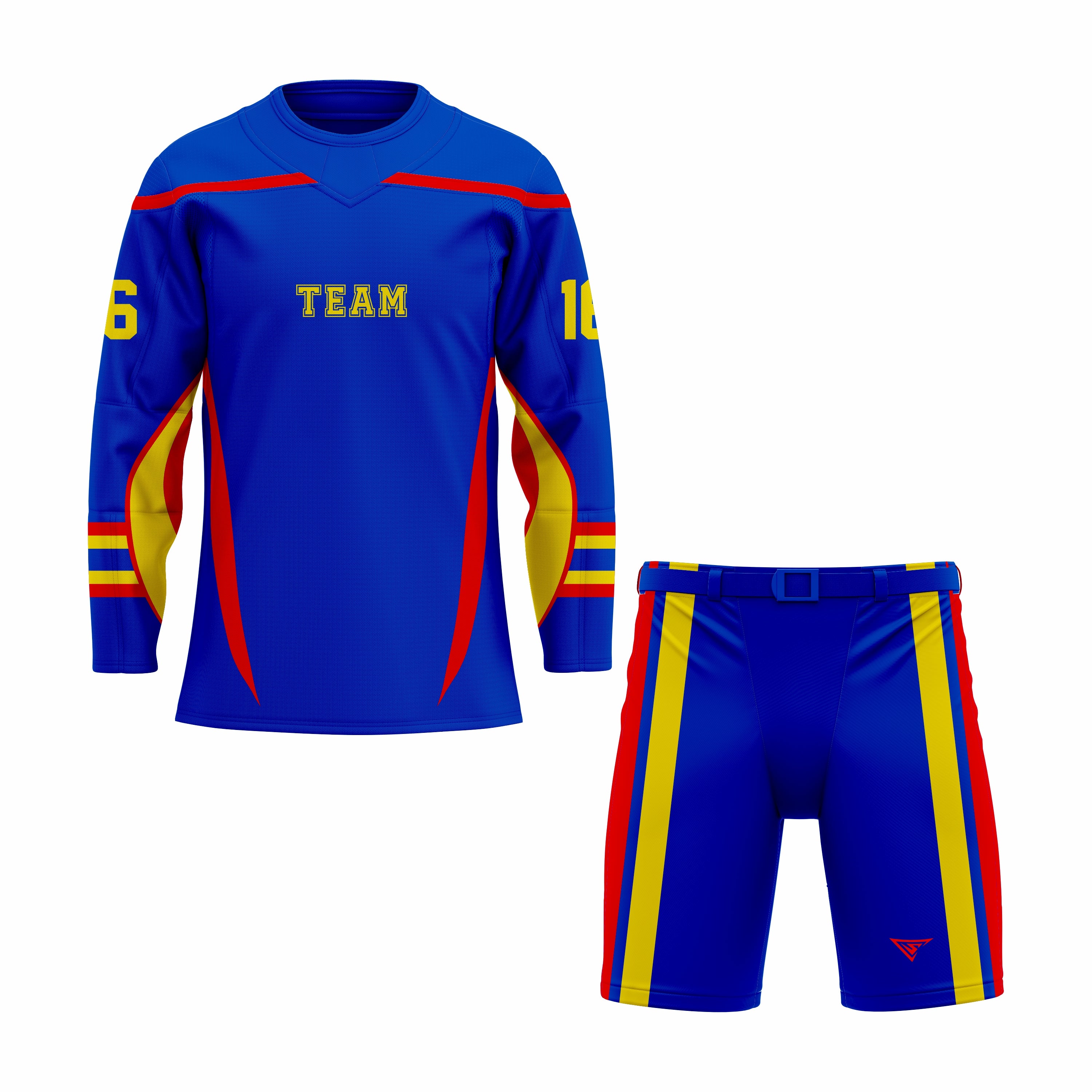Custom Blue, Red & Yellow Crew Neck Hockey Uniform
