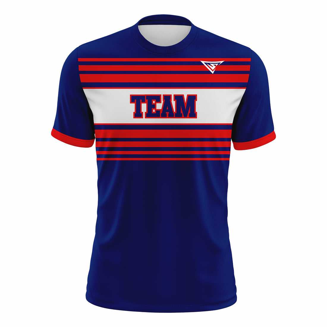 Custom Dark Blue, Red & White Crew Neck Softball Jerseys