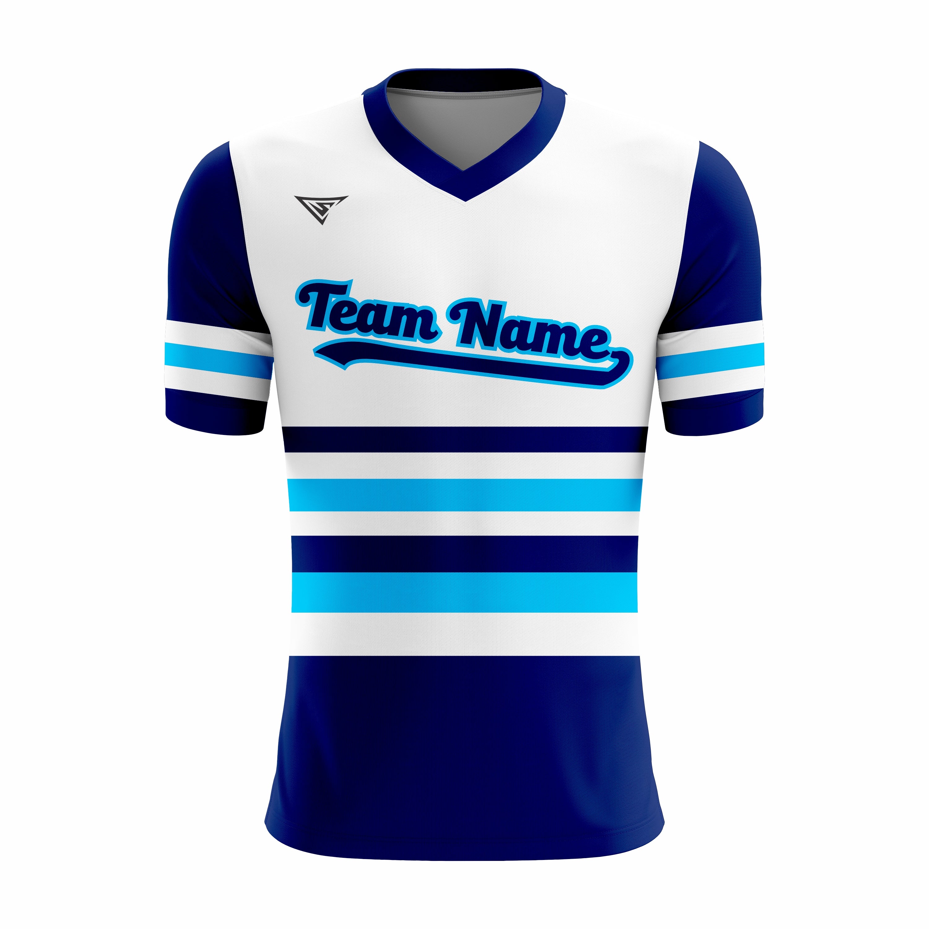 Custom White, Dark Blue & Blue V-Neck Softball Jerseys