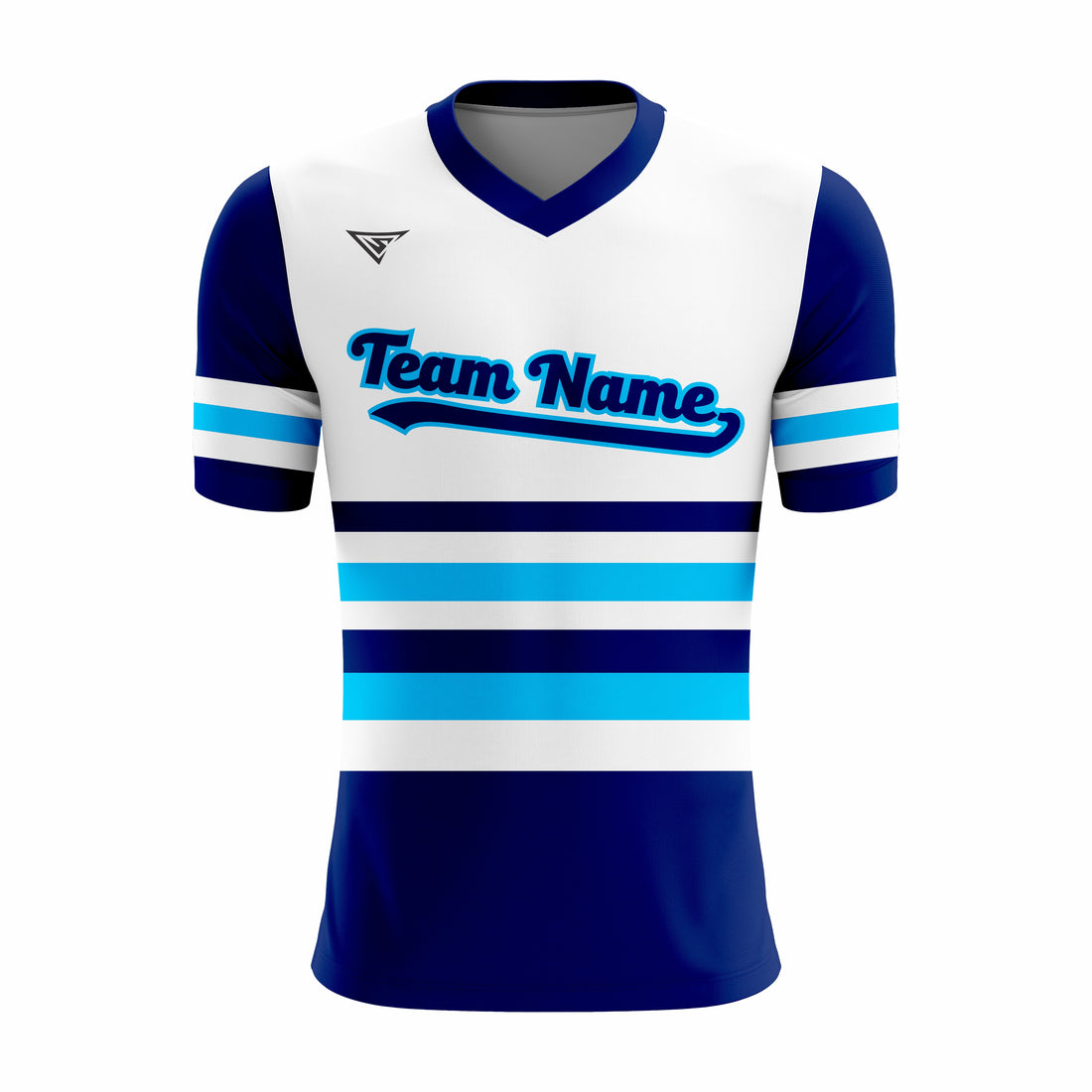 Custom White, Dark Blue & Blue V-Neck Softball Jerseys