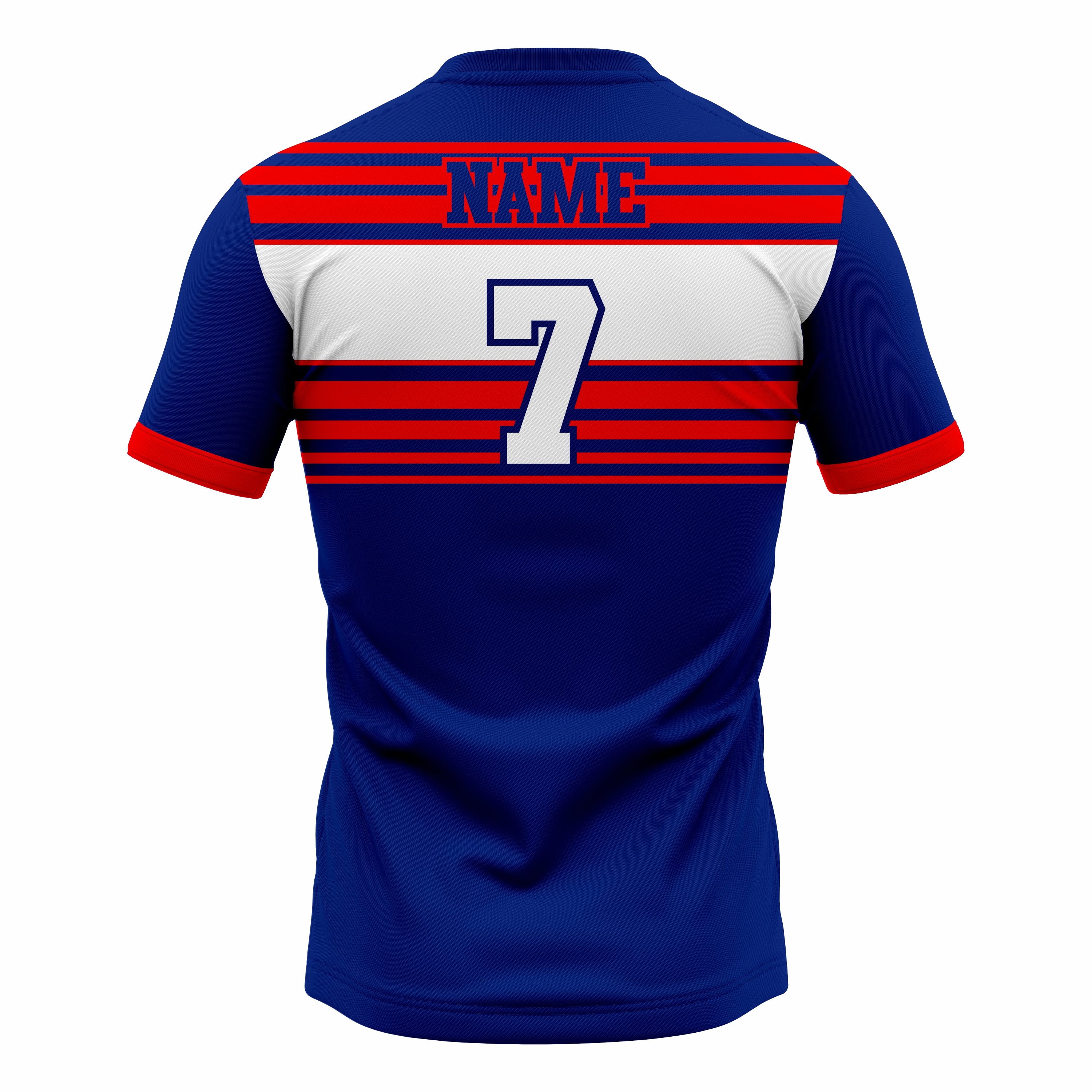 Custom Dark Blue, Red & White Crew Neck Softball Jerseys