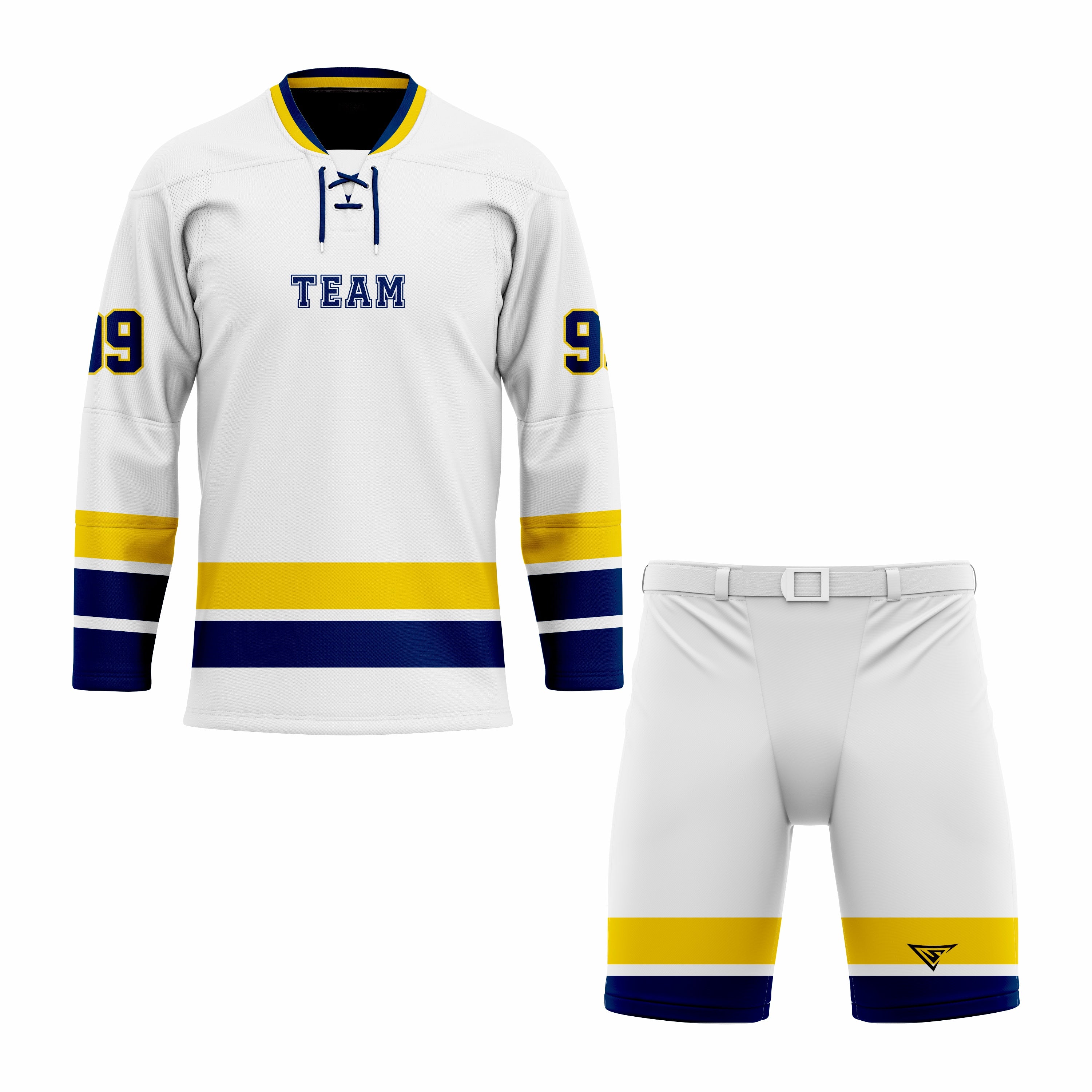 CUSTOM WHITE YELLOW BLUE HOCKEY UNIFORM