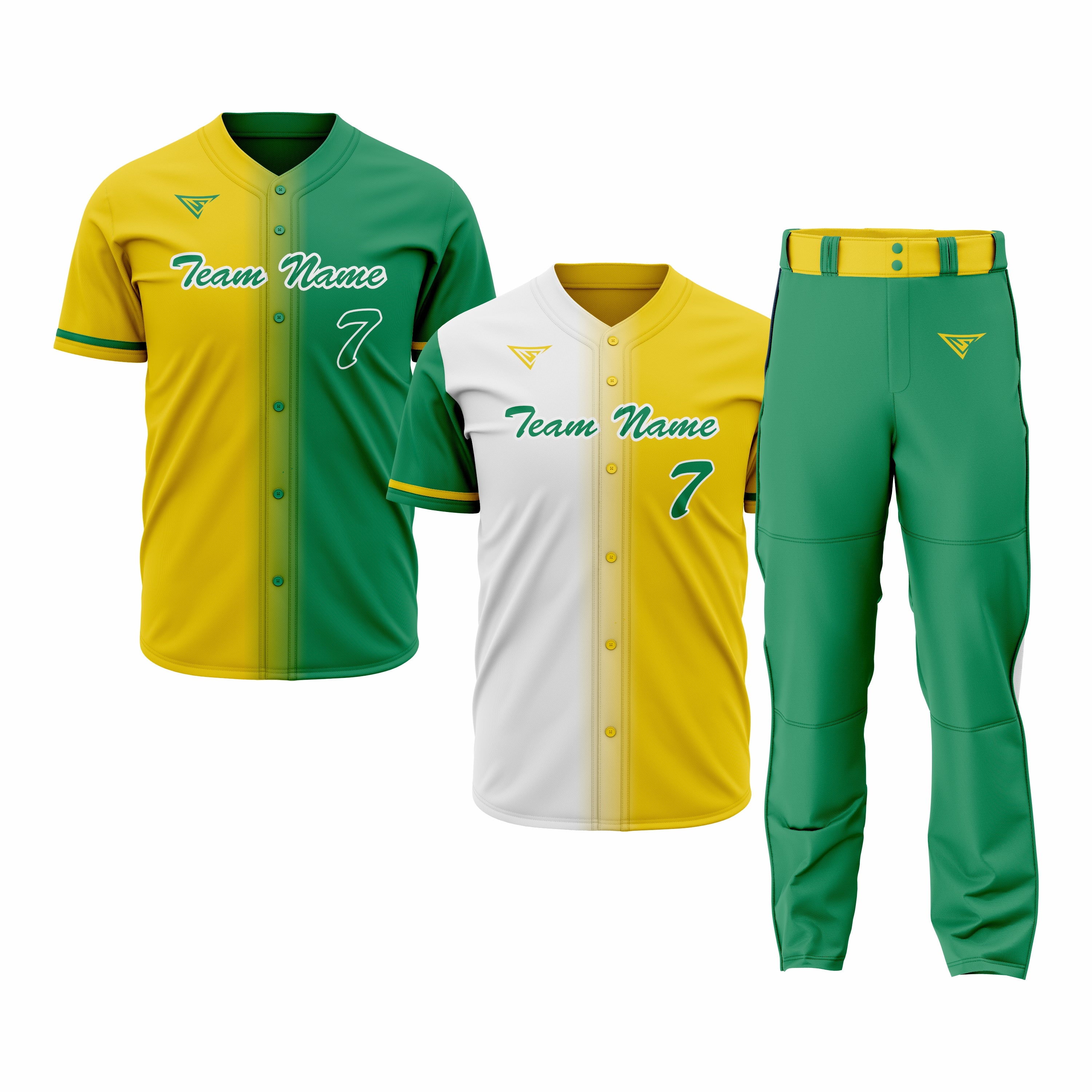 CUSTOM GREEN, YELLOW & WHITE BASEBALL TEAM UNIFORM PACKAGE - PRO