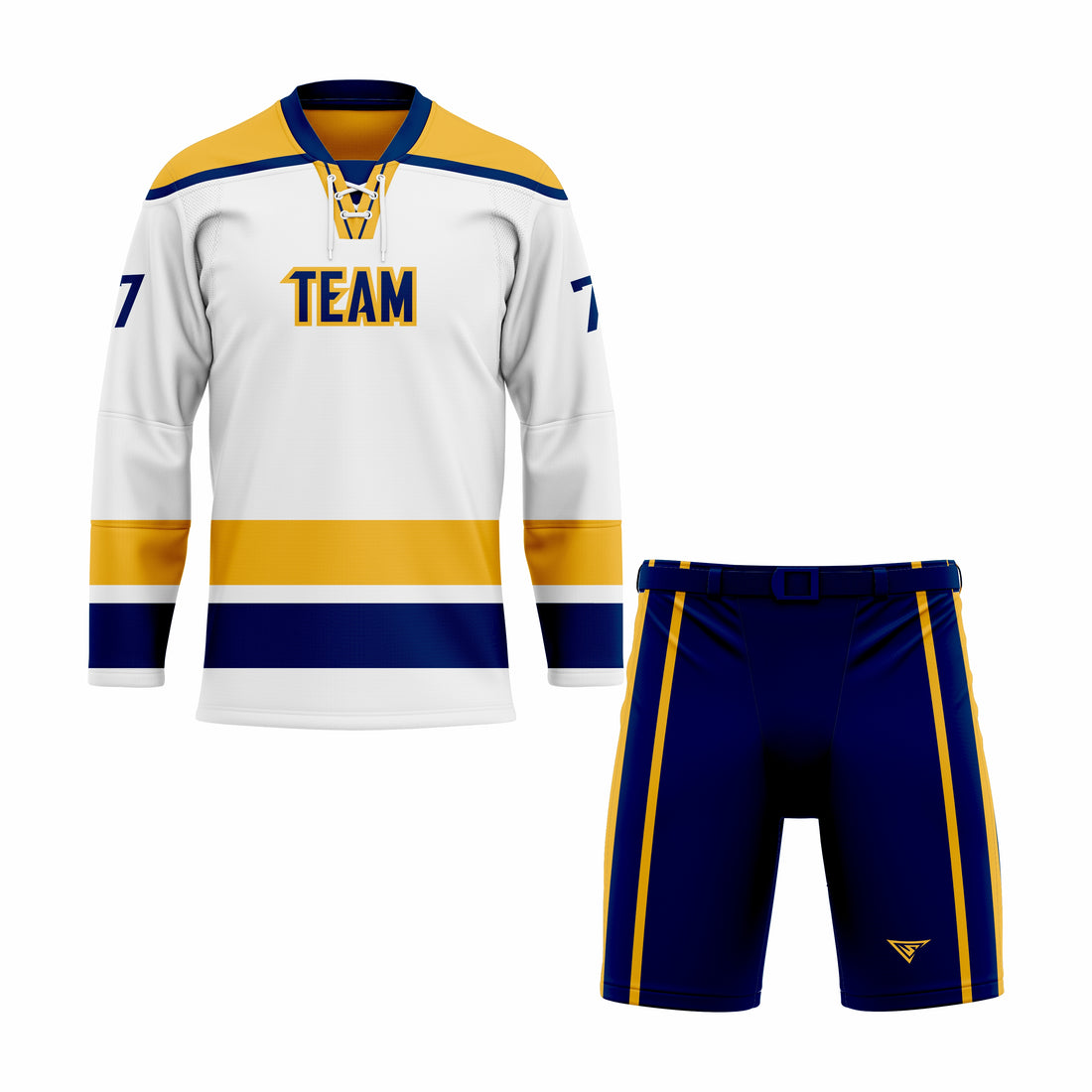 Custom Yellow, White & Blue Laced Hockey Uniform