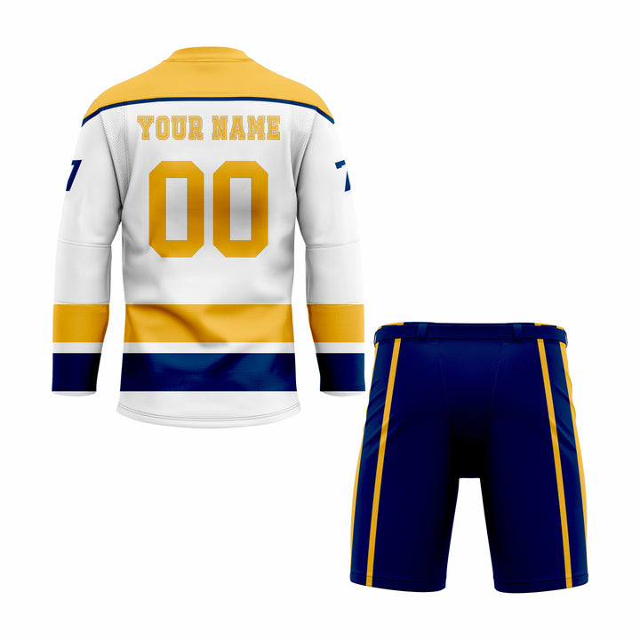 Custom Yellow, White & Blue Laced Hockey Uniform