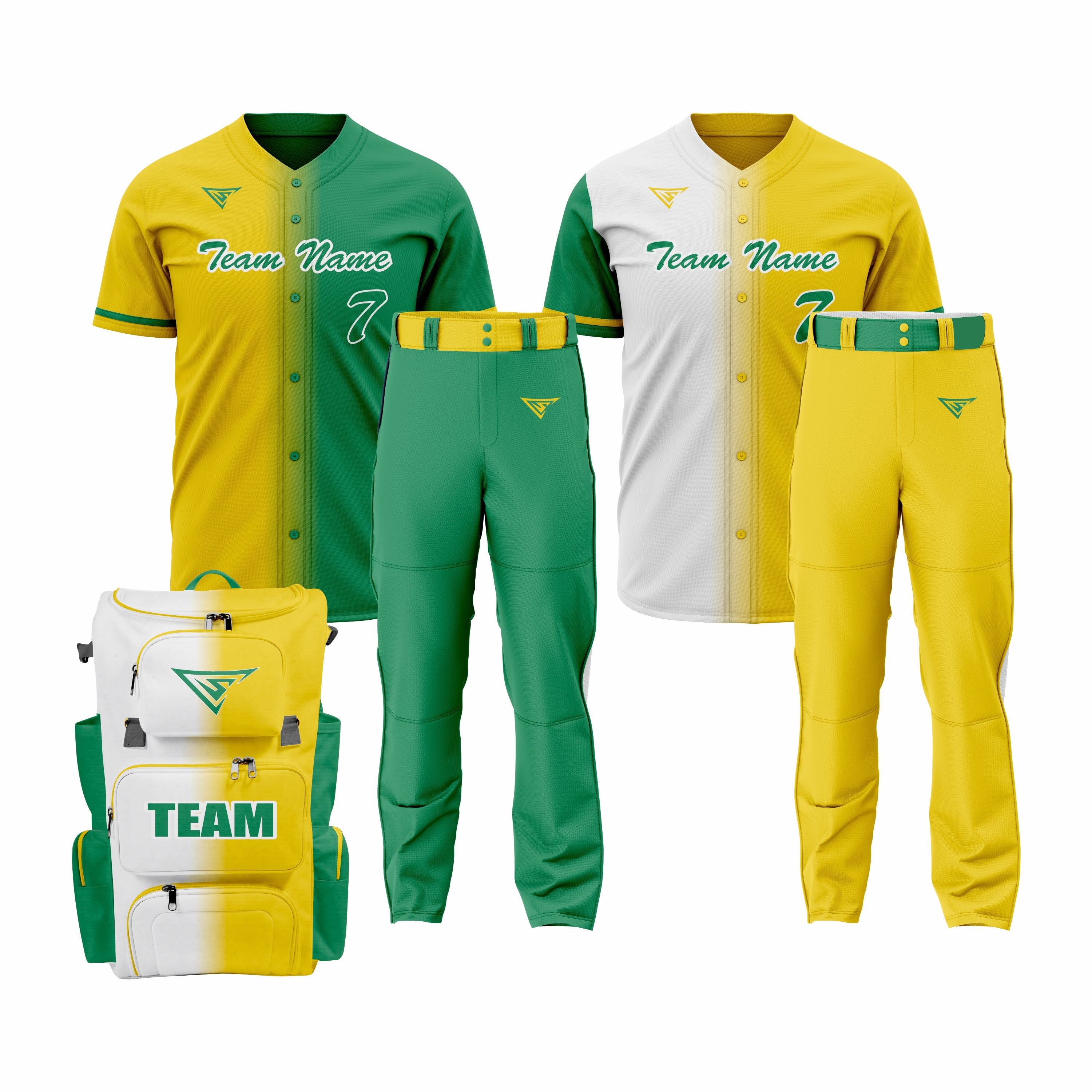 CUSTOM GREEN, YELLOW & WHITE BASEBALL TEAM UNIFORM PACKAGE - ALL-STAR