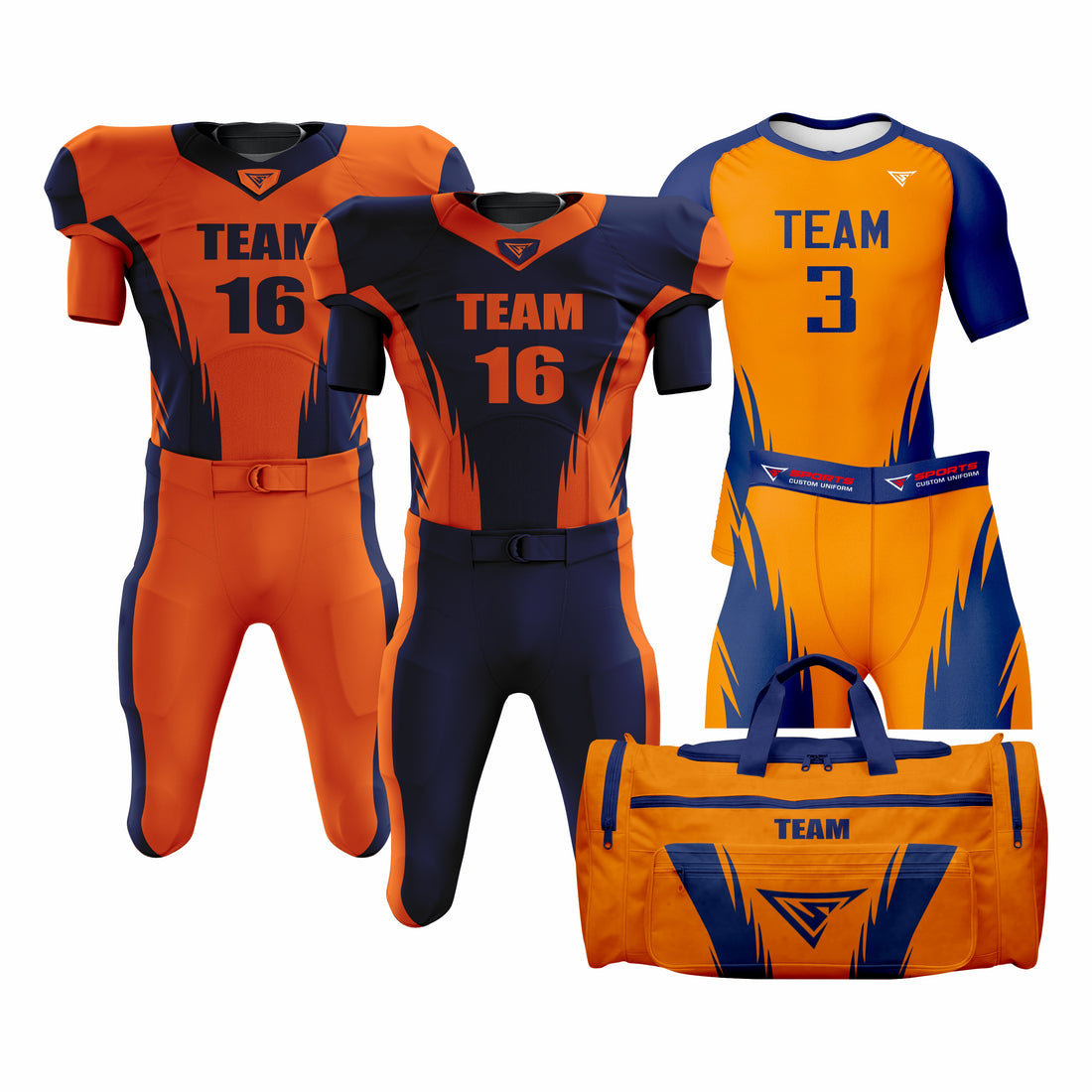 CUSTOM ORANGE & BLUE AMERICAN FOOTBALL TEAM UNIFORM PACKAGE DIAMOND PRO