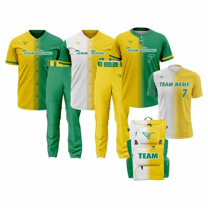 CUSTOM GREEN, YELLOW & WHITE BASEBALL TEAM UNIFORM PACKAGE – DIAMOND PRO