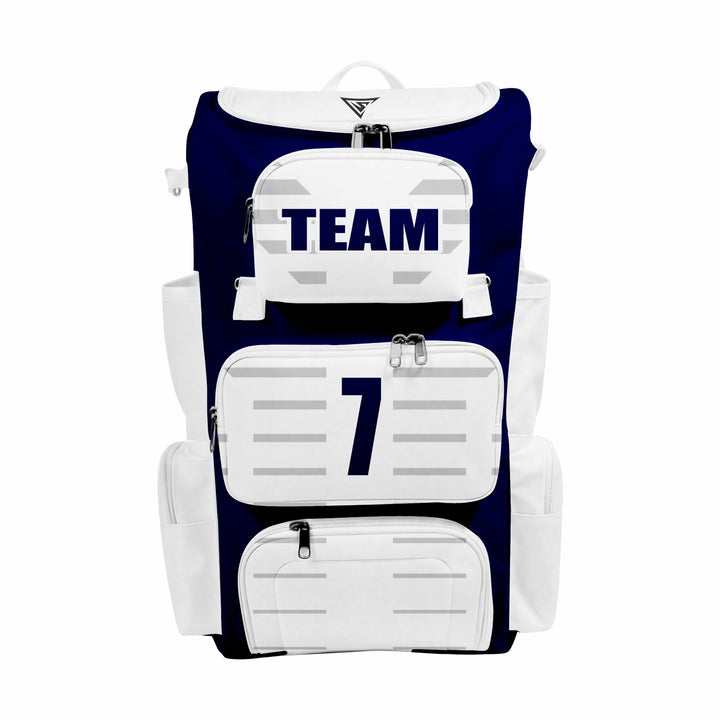 CUSTOM DARK BLUE, WHITE & GREY ELITE BASEBALL/SOFTBALL BACKPACKS