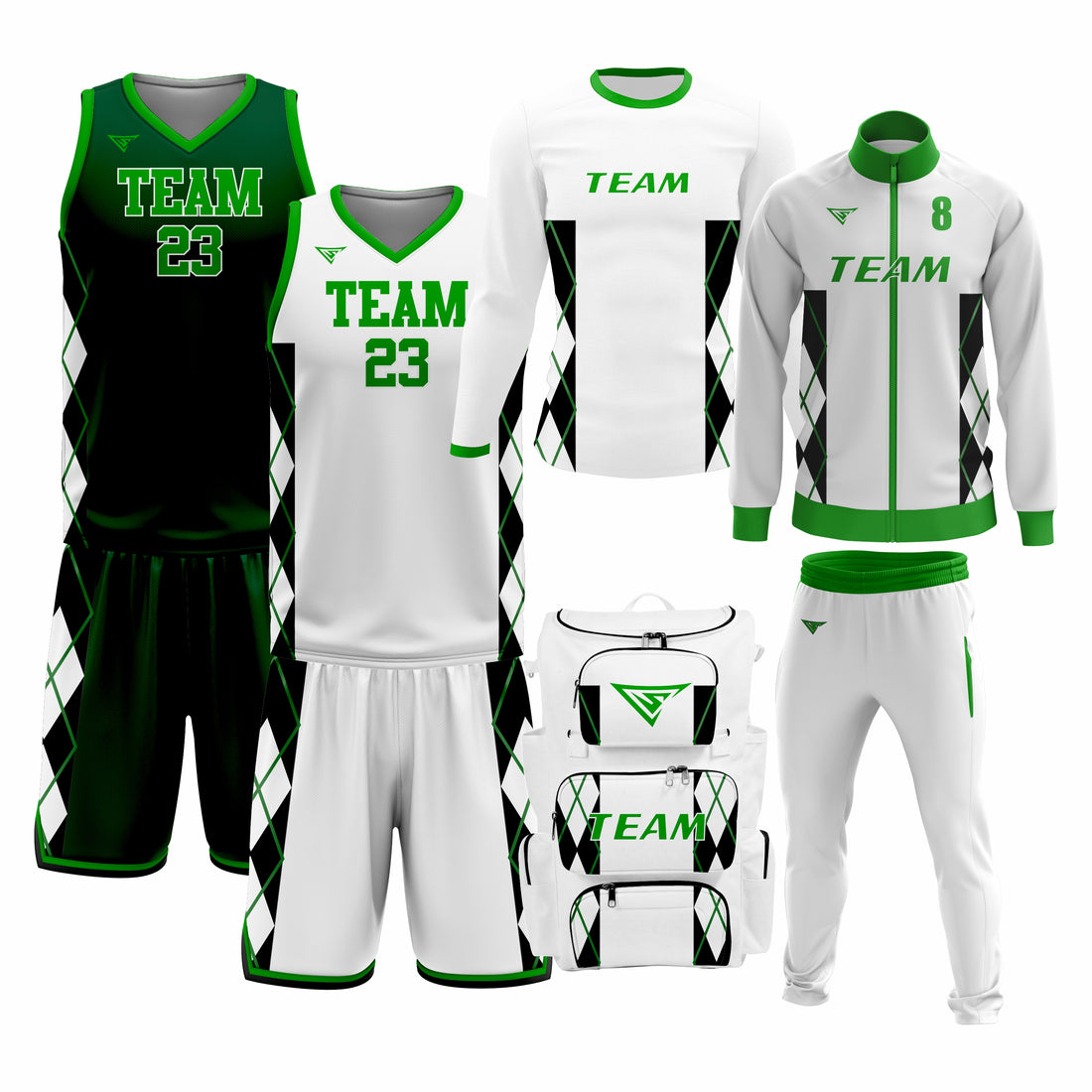Custom White Green Basketball Team Uniform Package - MVP