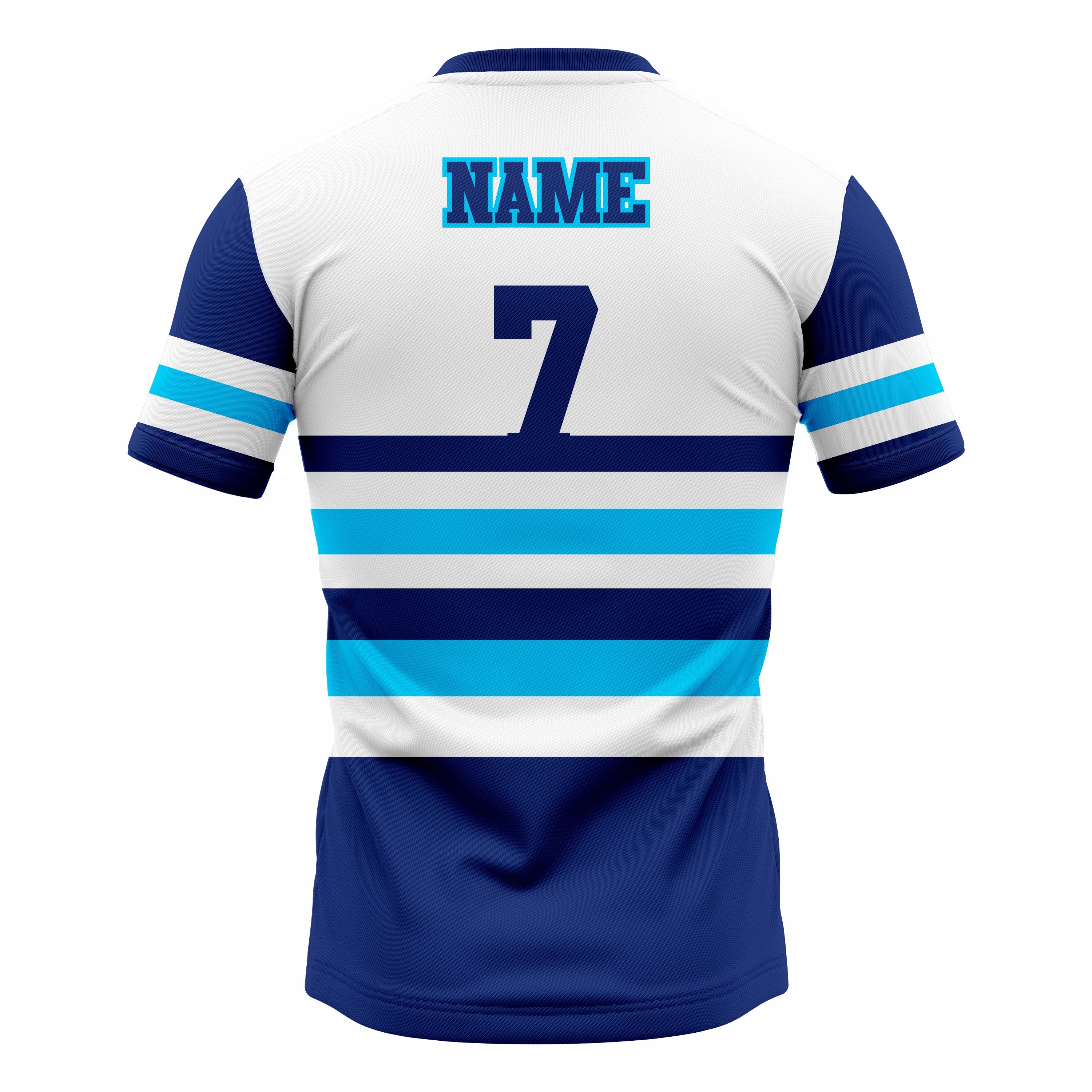 Custom White, Dark Blue & Cyan Crew Neck Softball Jerseys