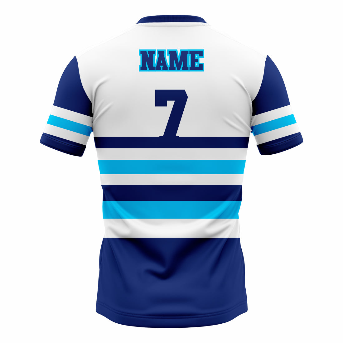 Custom White, Dark Blue & Cyan Crew Neck Softball Jerseys
