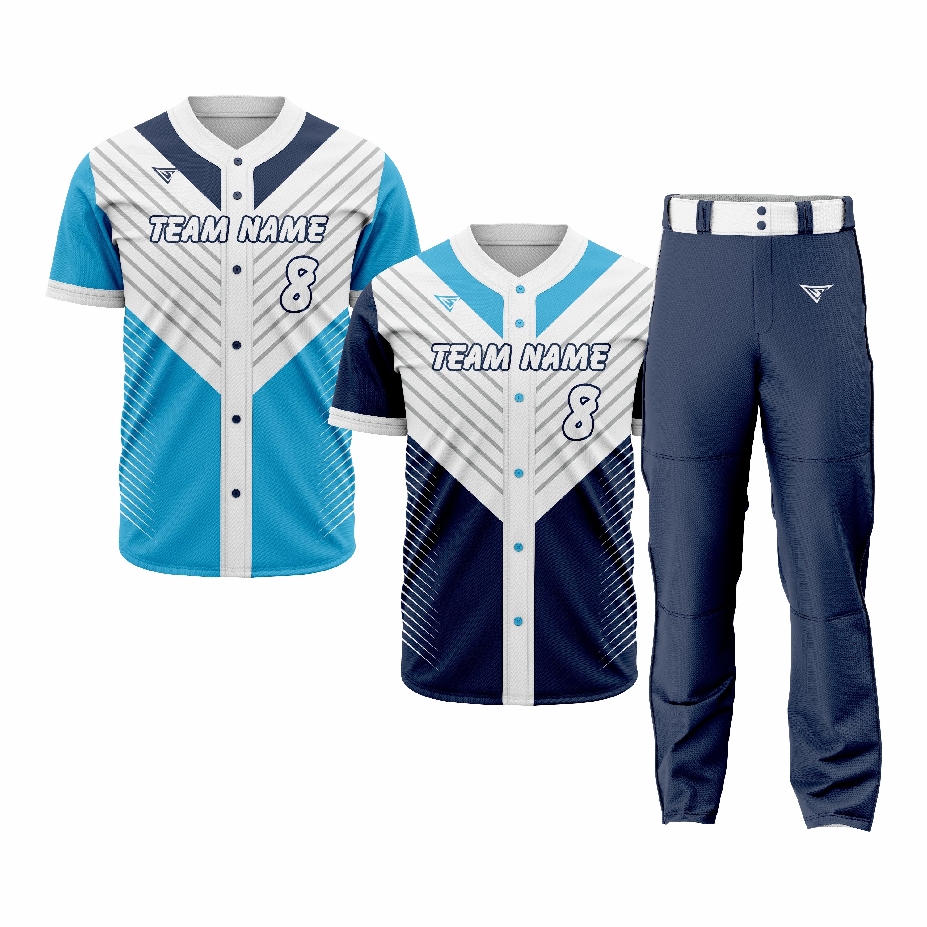 CUSTOM DARK BLUE, WHITE & CYAN BASEBALL TEAM UNIFORM PACKAGE - PRO