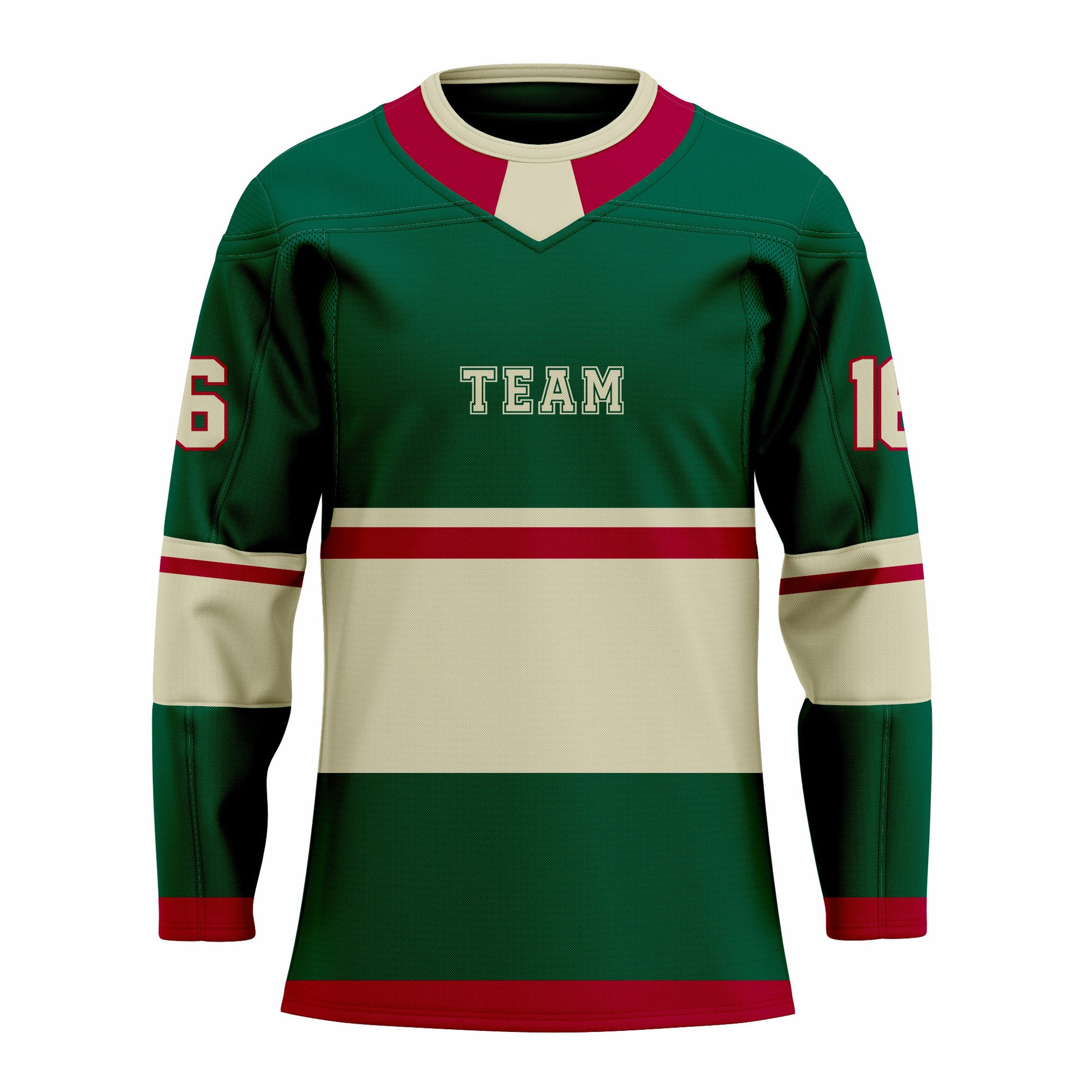 CUSTOM RED CREAM GREEN HOCKEY JERSEY