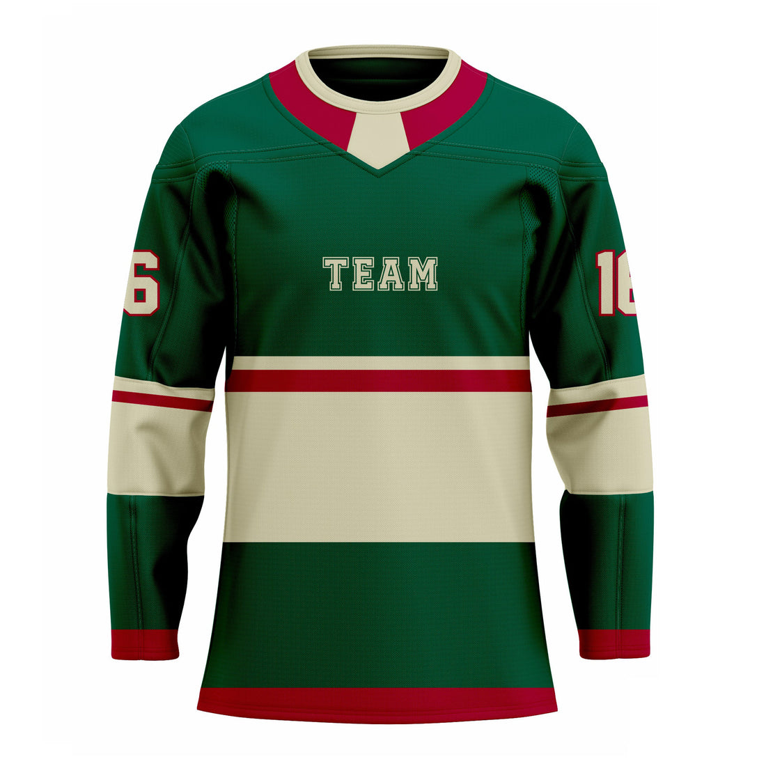 CUSTOM RED CREAM GREEN HOCKEY JERSEY