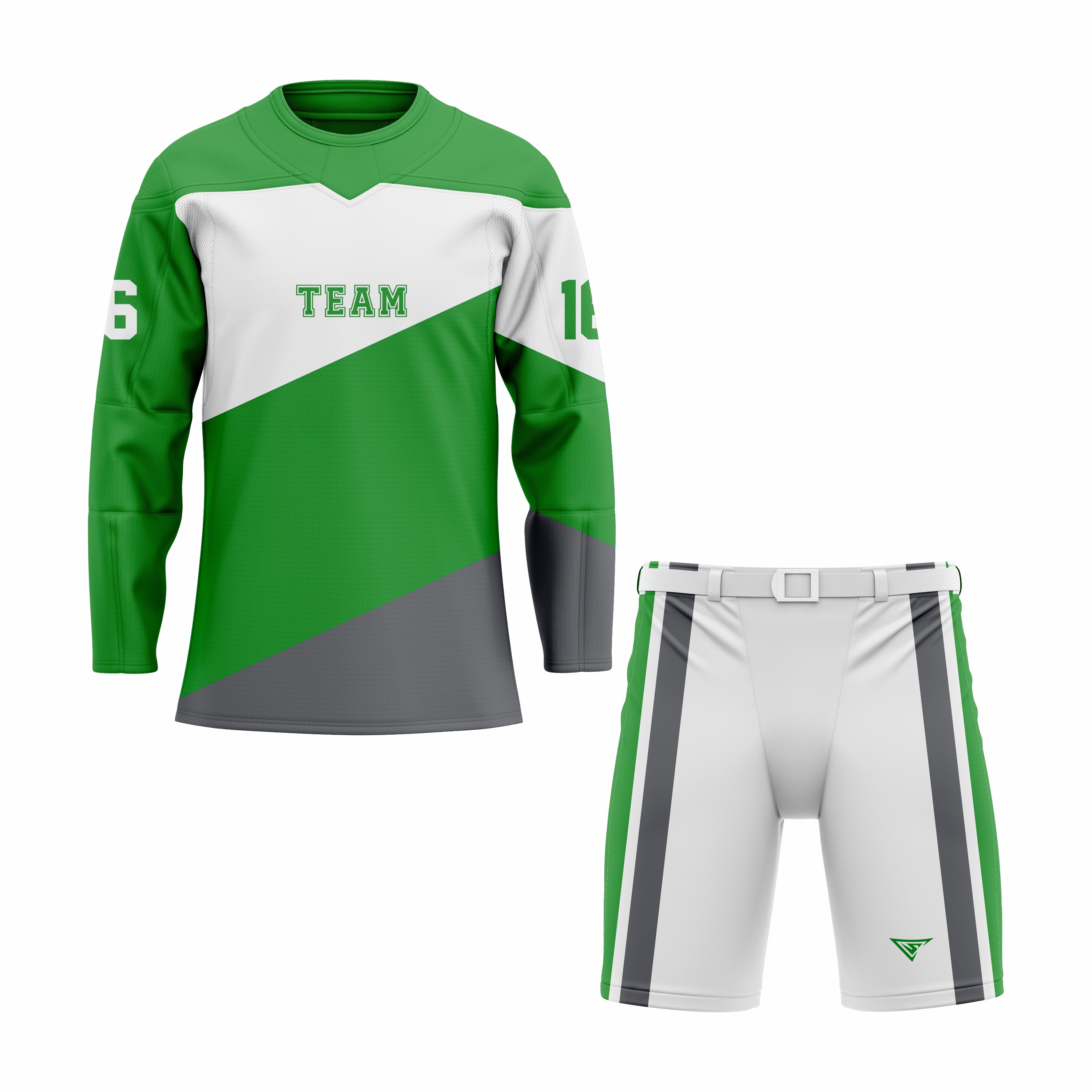 Custom White, Green & Grey Crew Neck Hockey Uniform