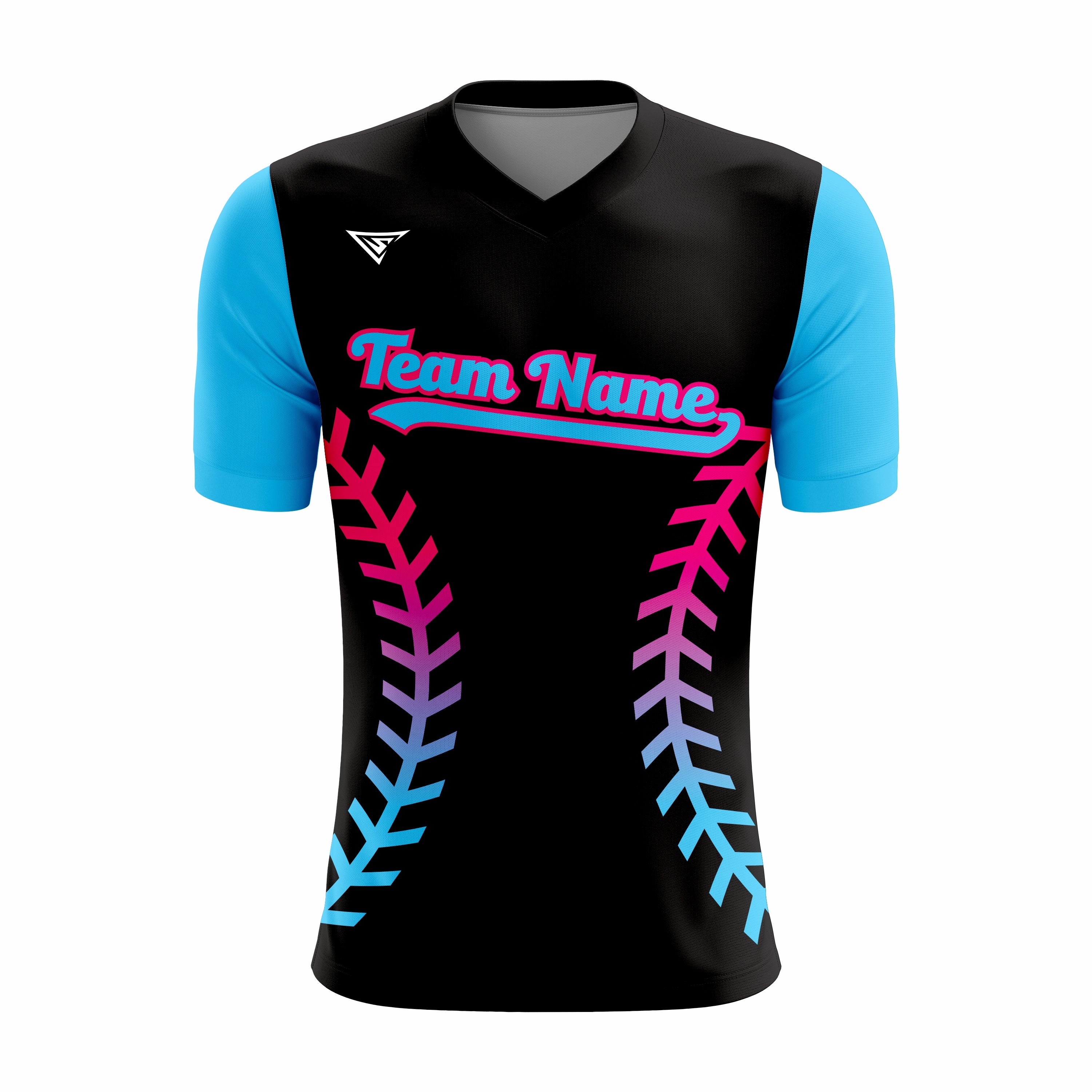 Custom Black, Blue & Pink V-Neck Softball Jerseys