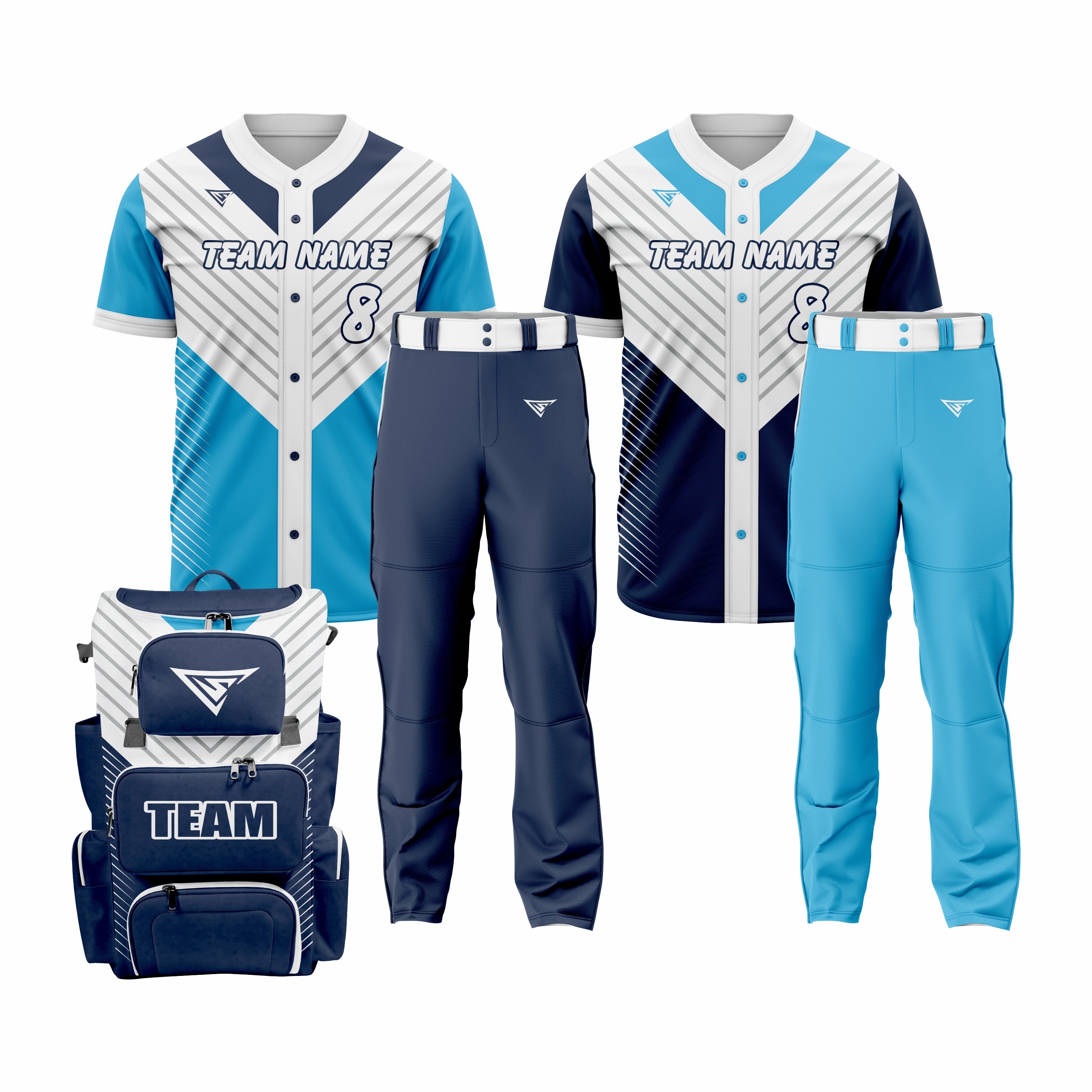 CUSTOM DARK BLUE, WHITE & CYAN BASEBALL TEAM UNIFORM PACKAGE - ALL-STAR