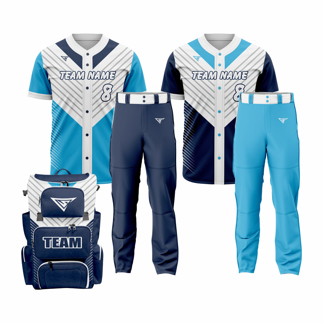 CUSTOM DARK BLUE, WHITE & CYAN BASEBALL TEAM UNIFORM PACKAGE - ALL-STAR