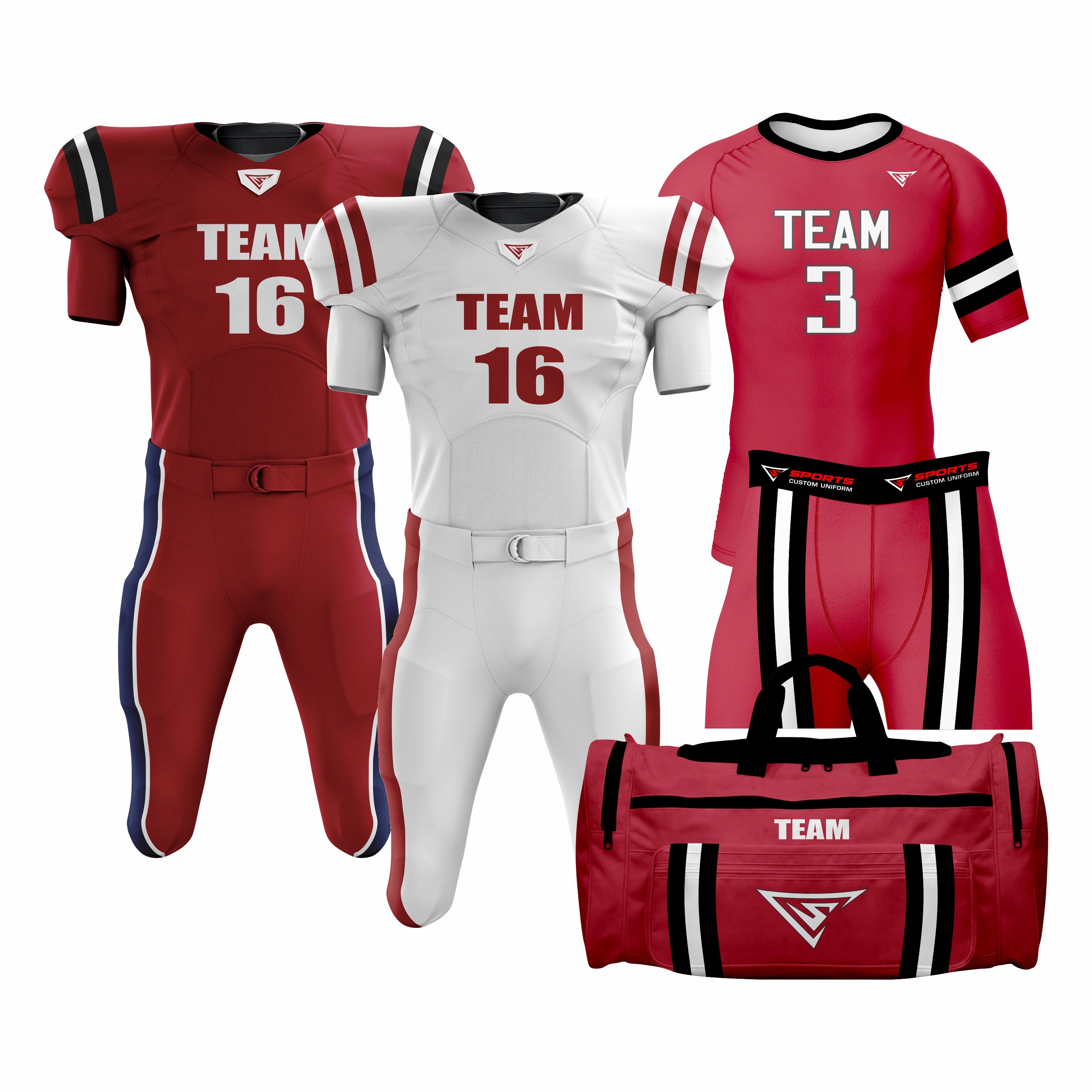 CUSTOM RED, WHITE & BLACK AMERICAN FOOTBALL TEAM UNIFORM PACKAGE DIAMOND PRO
