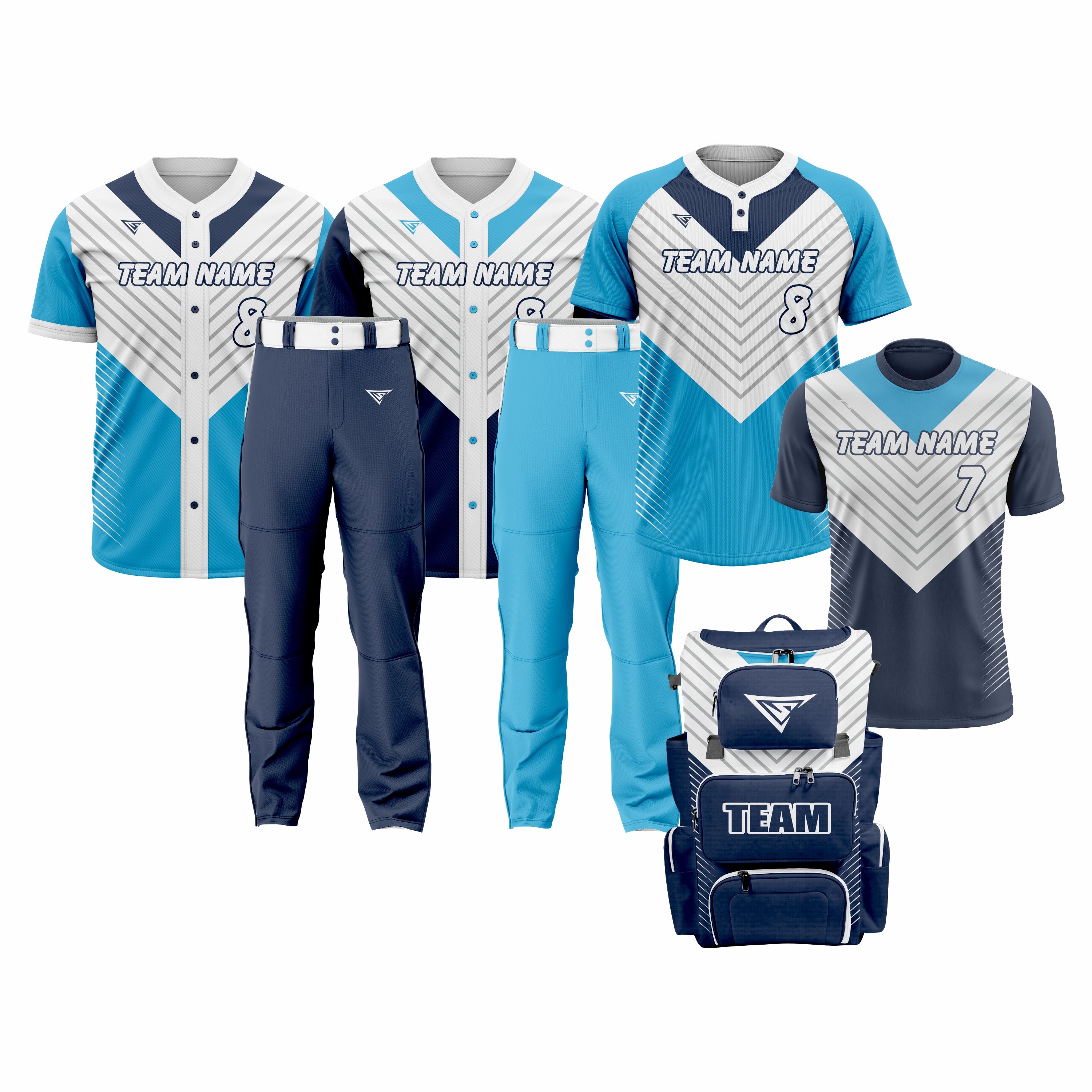 CUSTOM DARK BLUE, WHITE & CYAN BASEBALL TEAM UNIFORM PACKAGE – DIAMOND PRO