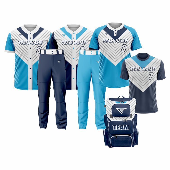 CUSTOM DARK BLUE, WHITE & CYAN BASEBALL TEAM UNIFORM PACKAGE – DIAMOND PRO