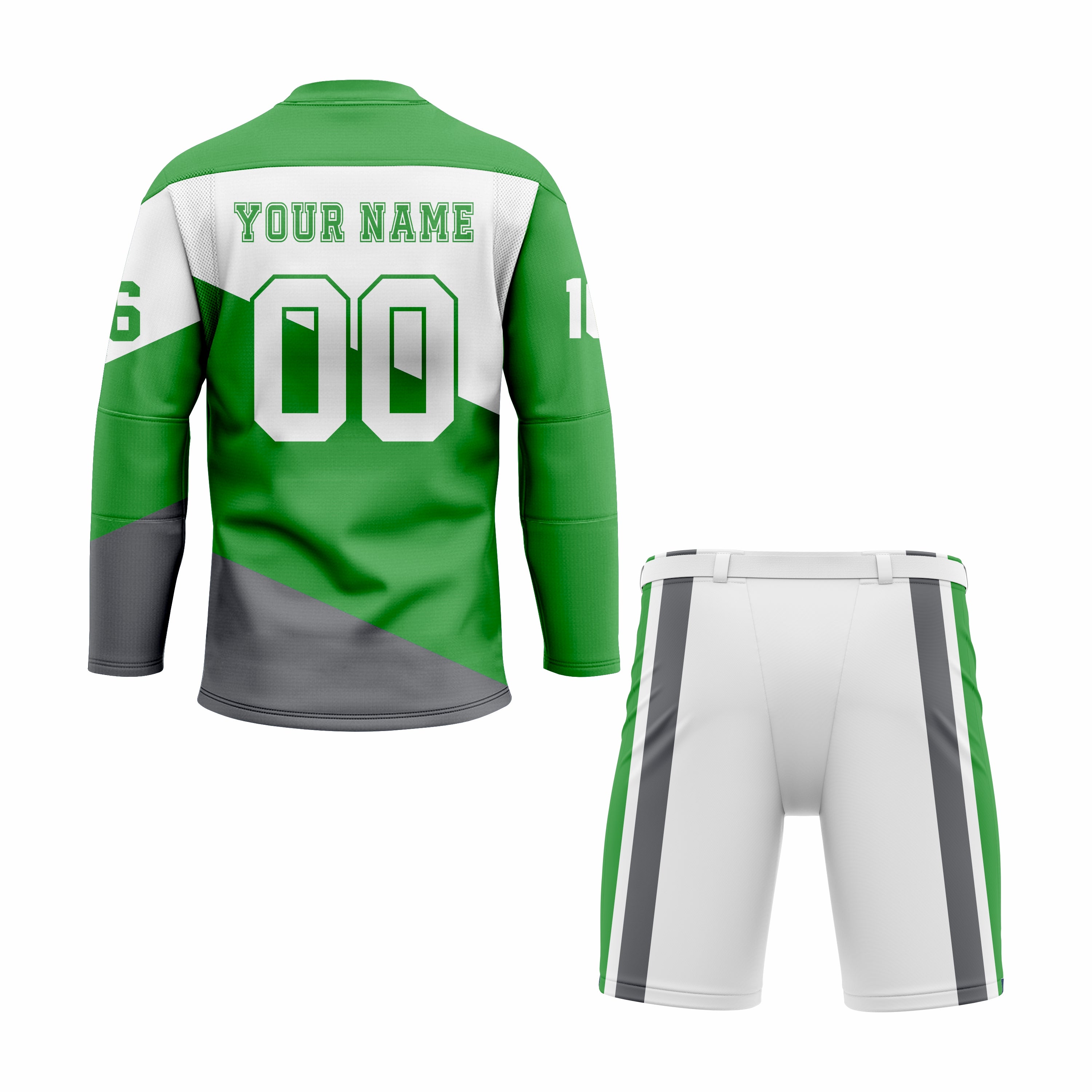 Custom White, Green & Grey Crew Neck Hockey Uniform