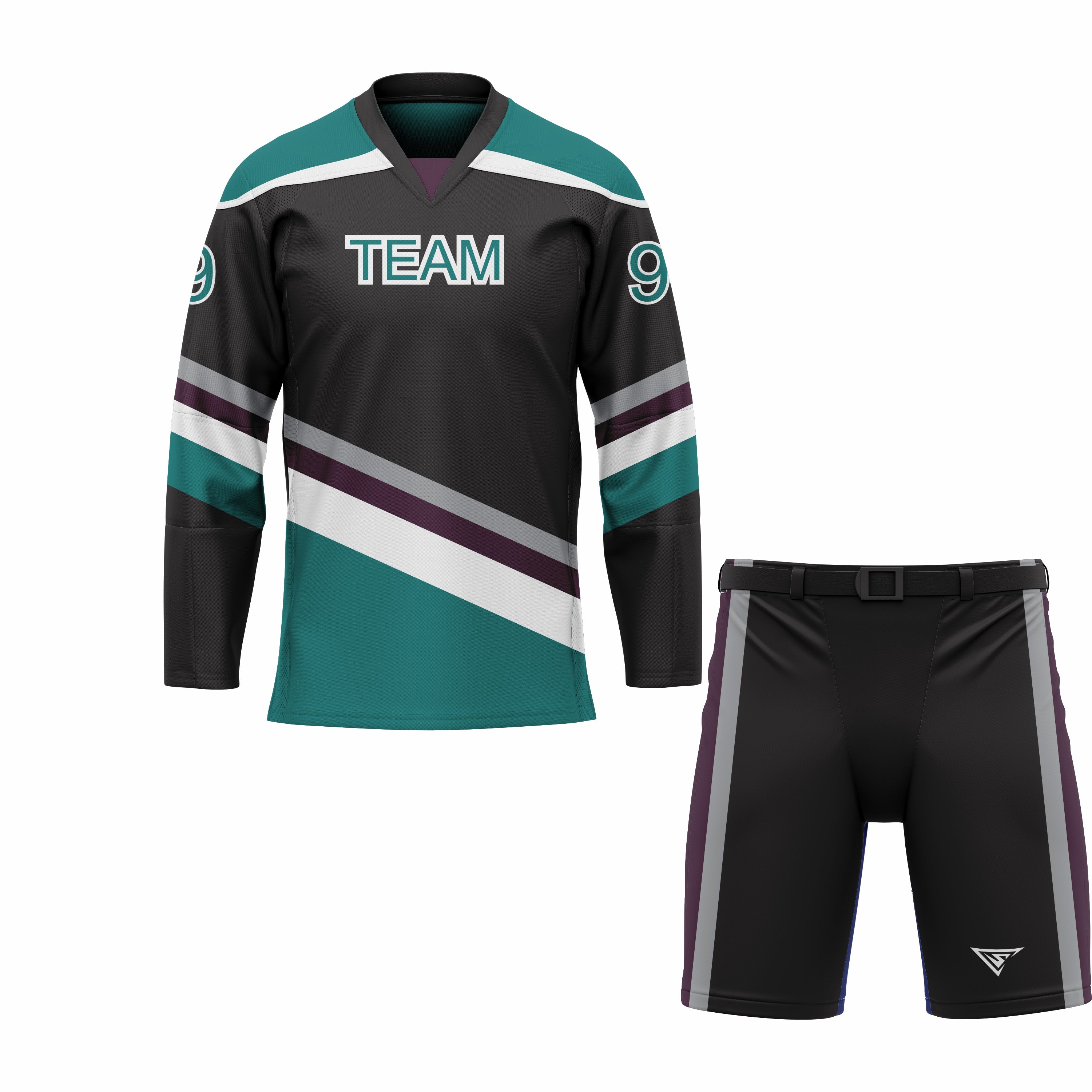CUSTOM BLACK WHITE CYAN HOCKEY UNIFORM