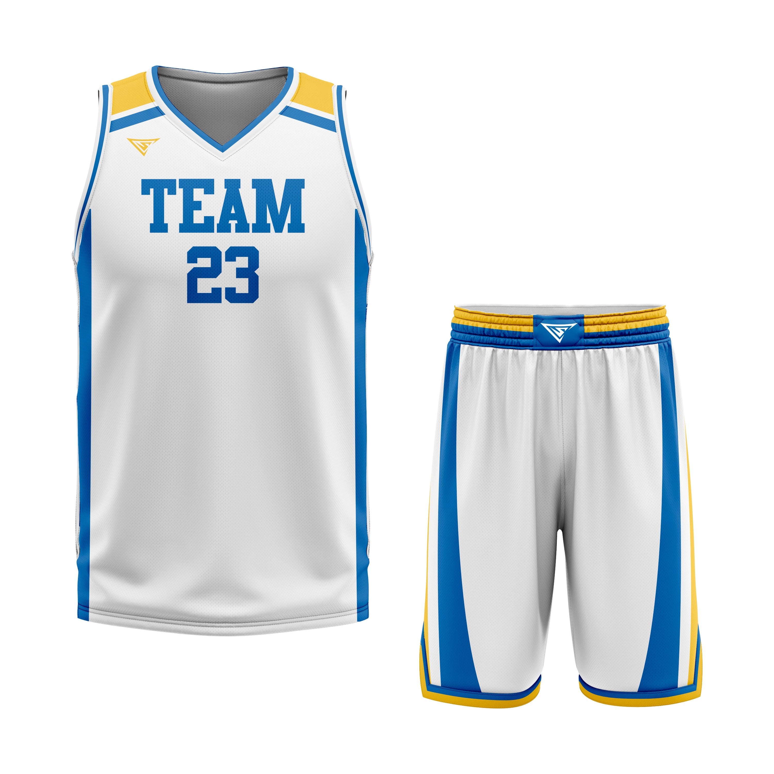 CUSTOM BLUE WHITE YELLOW BASKETBALL UNIFORM