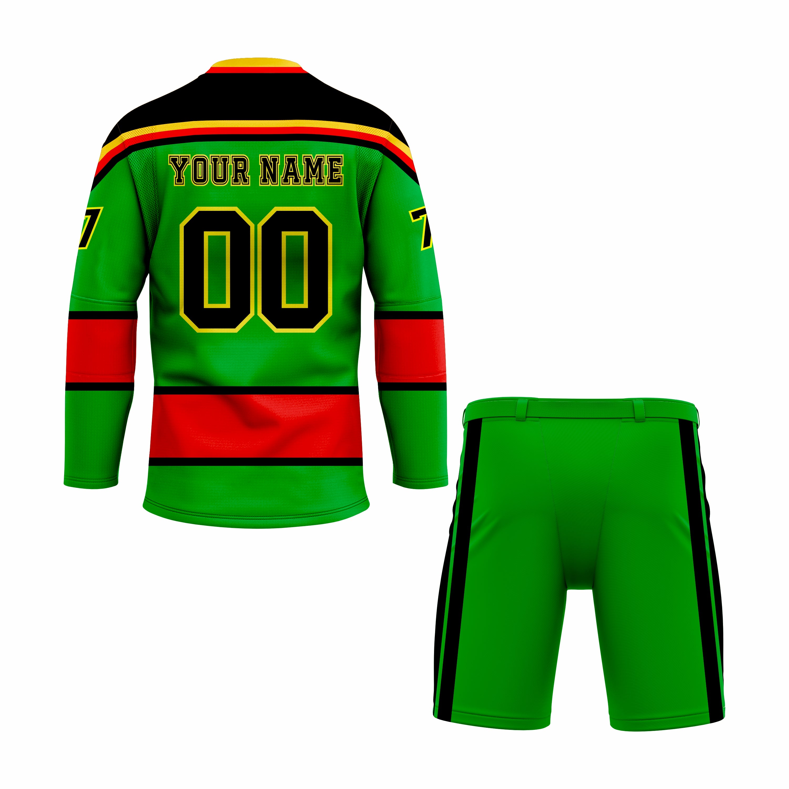 Custom Green, Red, Black & Yellow Crew Neck Hockey Uniform