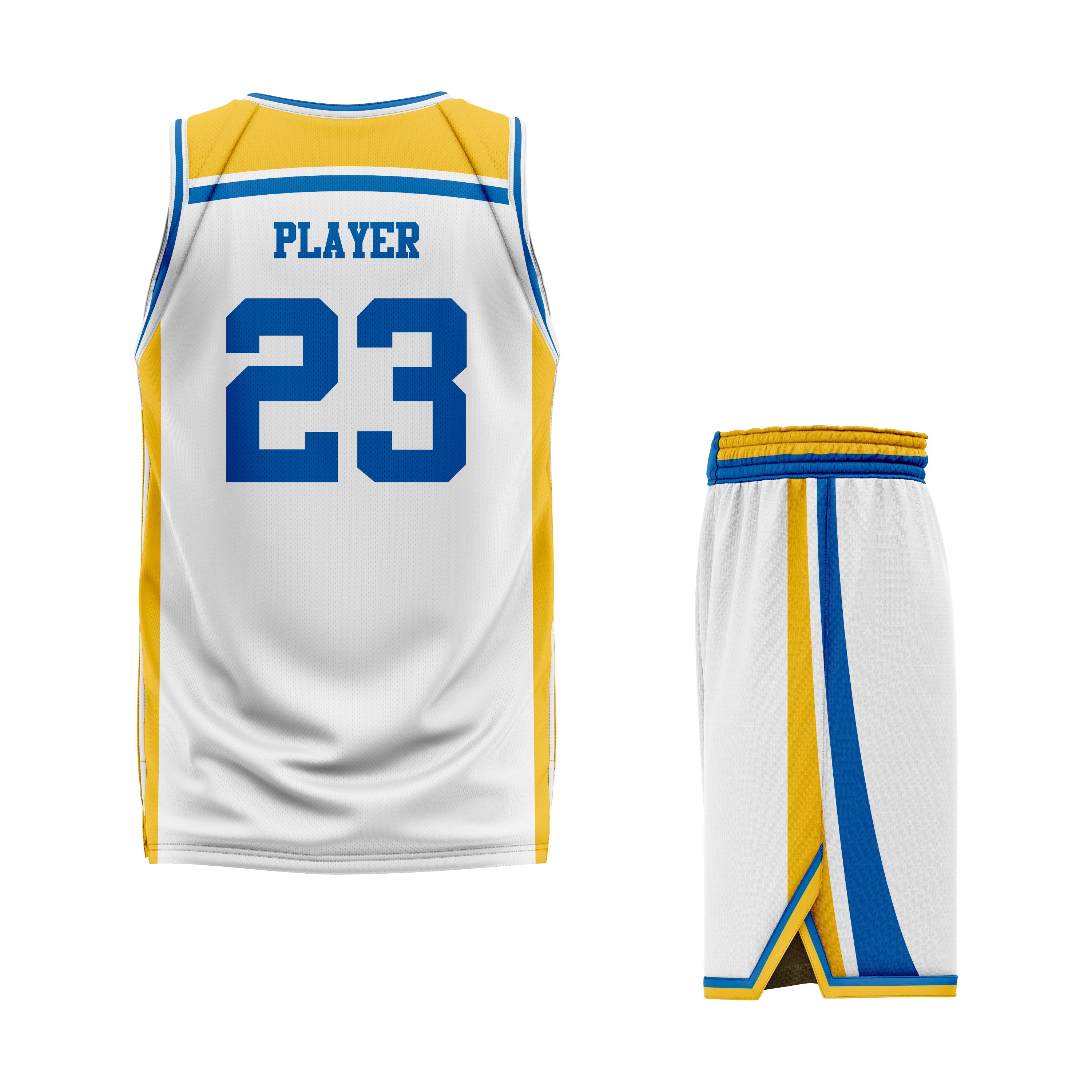 CUSTOM BLUE WHITE YELLOW BASKETBALL UNIFORM