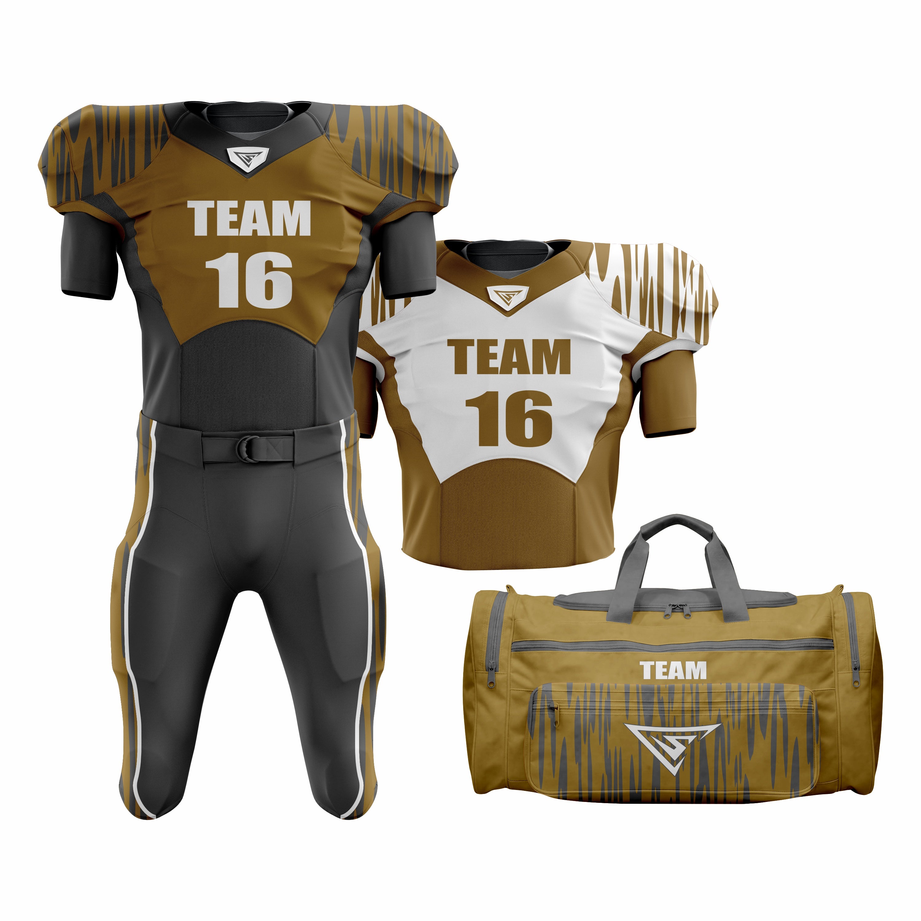 CUSTOM BROWN, WHITE & BLACK AMERICAN FOOTBALL TEAM UNIFORM PACKAGE ALL STAR