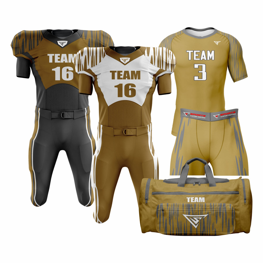 CUSTOM BROWN, WHITE & BLACK AMERICAN FOOTBALL TEAM UNIFORM PACKAGE DIAMOND PRO