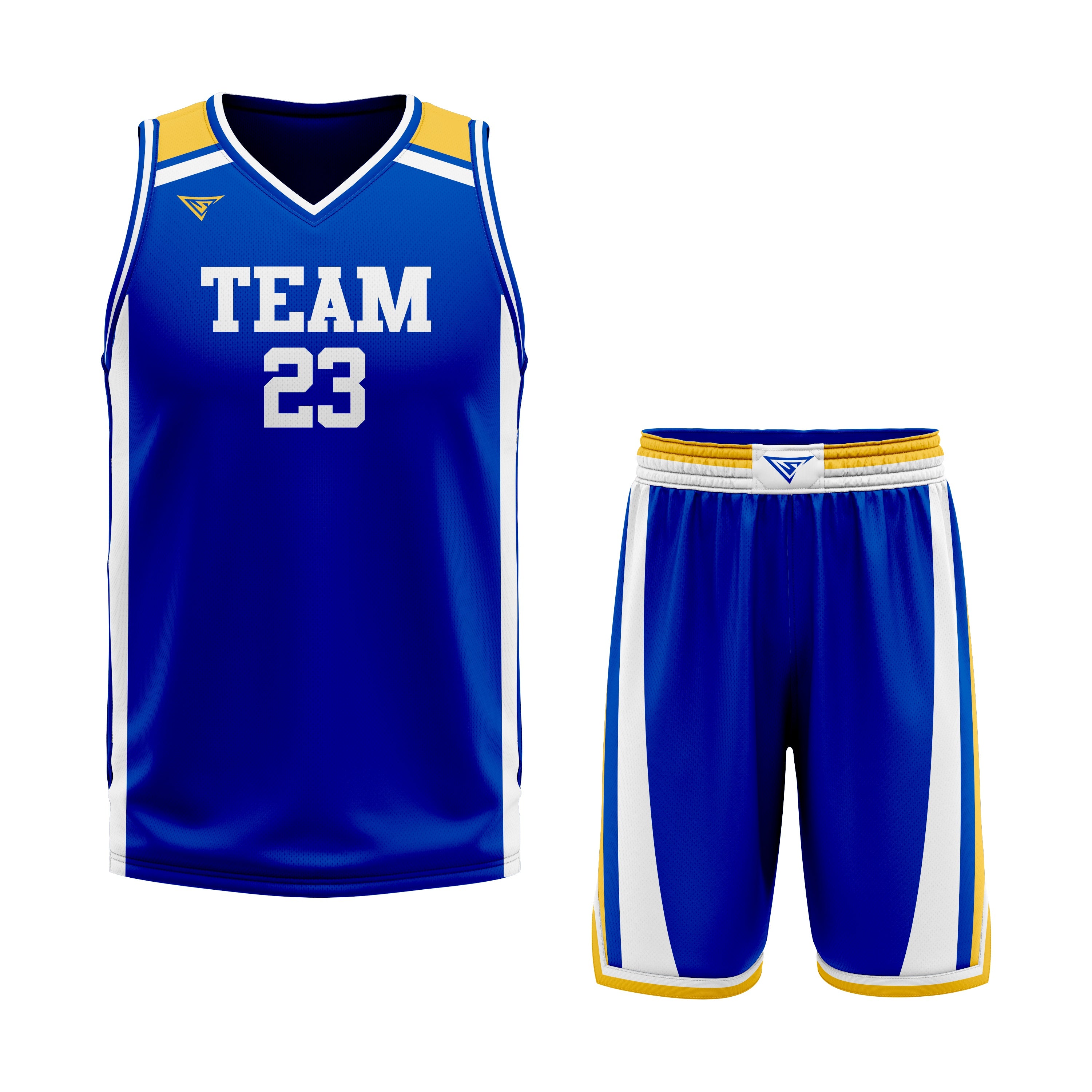 CUSTOM BLUE WHITE YELLOW BASKETBALL UNIFORM