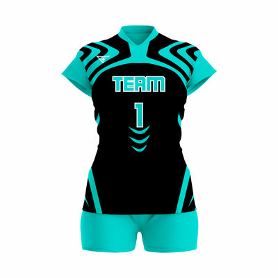 Custom Cyan Black Women Volleyball Team Uniform