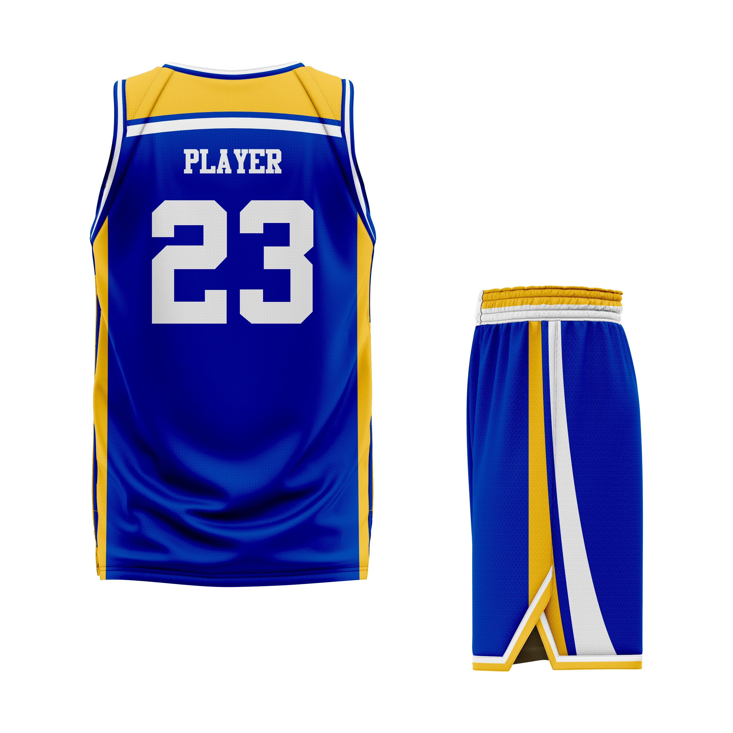 CUSTOM BLUE WHITE YELLOW BASKETBALL UNIFORM