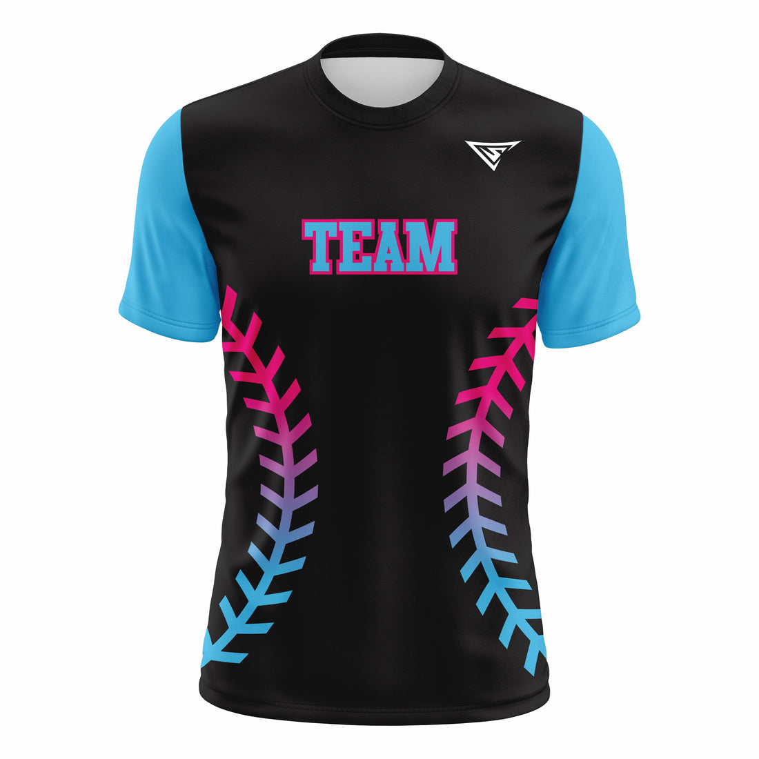 Custom Black, Blue & Red Crew Neck Softball Jerseys