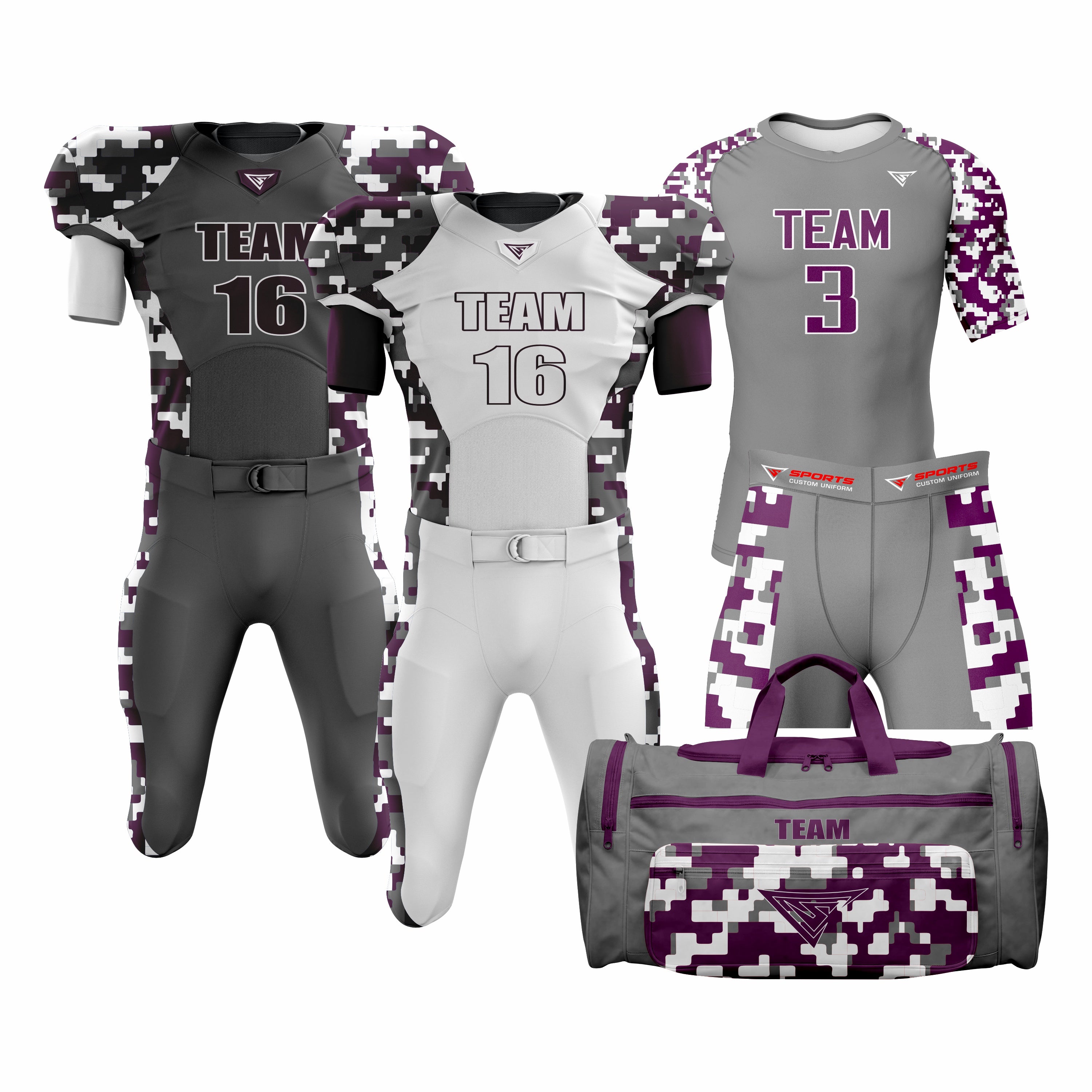 CUSTOM GREY, WHITE & MAROON AMERICAN FOOTBALL TEAM UNIFORM PACKAGE DIAMOND PRO