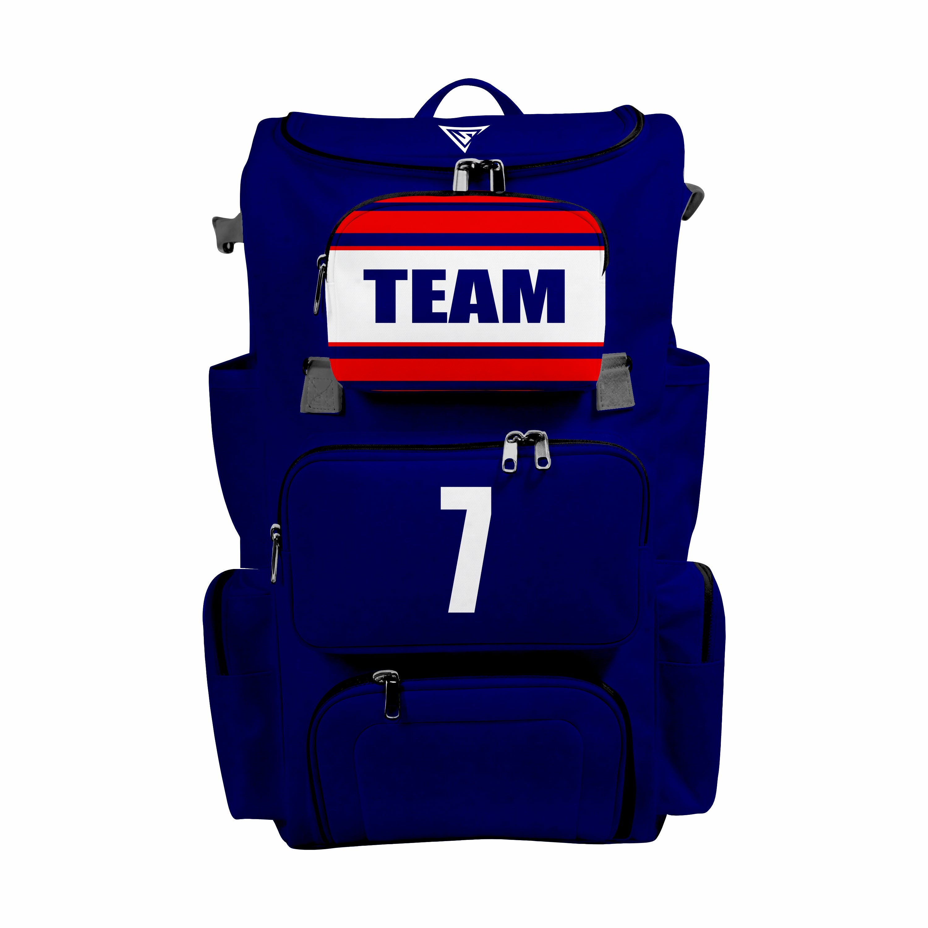 CUSTOM DARK BLUE, BLACK & RED ELITE BASEBALL/SOFTBALL BACKPACKS