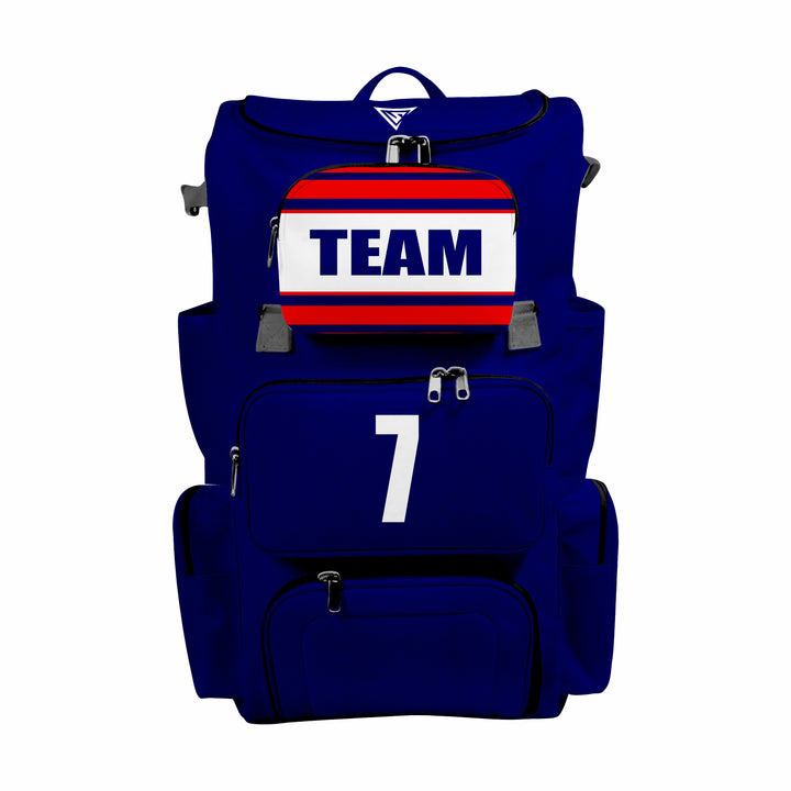CUSTOM DARK BLUE, BLACK & RED ELITE BASEBALL/SOFTBALL BACKPACKS