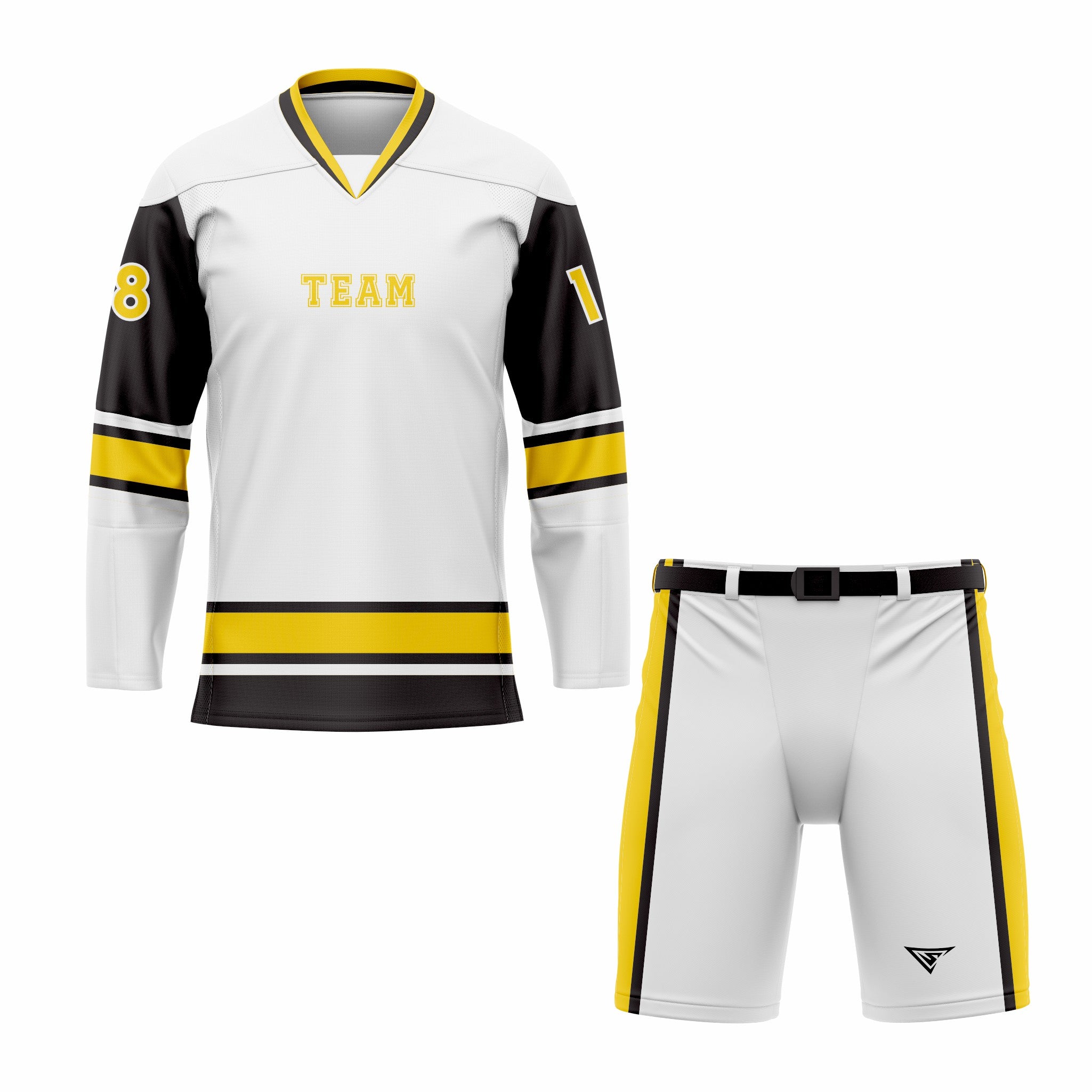 Custom White, Black & Yellow V-Neck Hockey Uniform