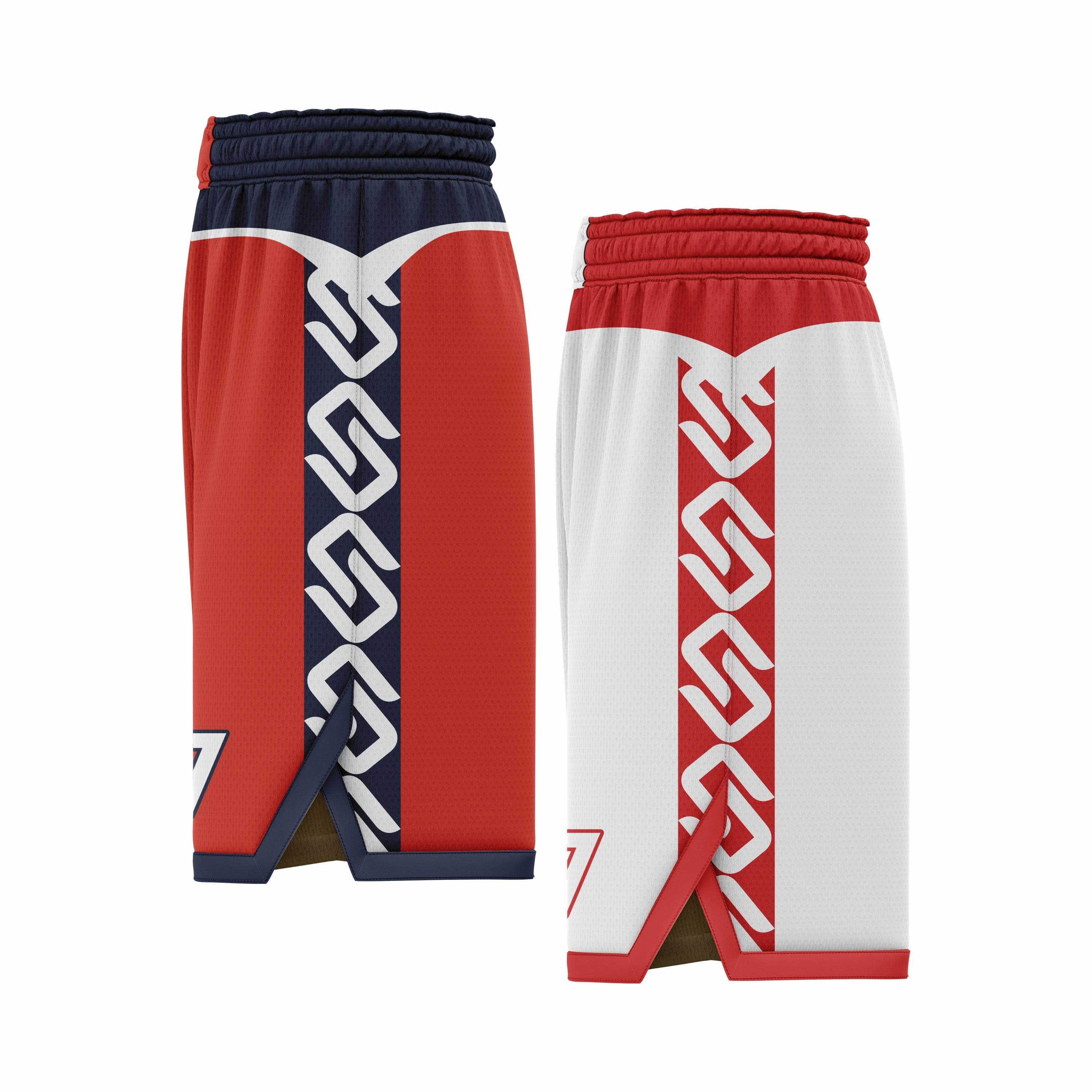 Custom White, Red & Dark Blue Reversible Double Side Sublimation Basketball Short
