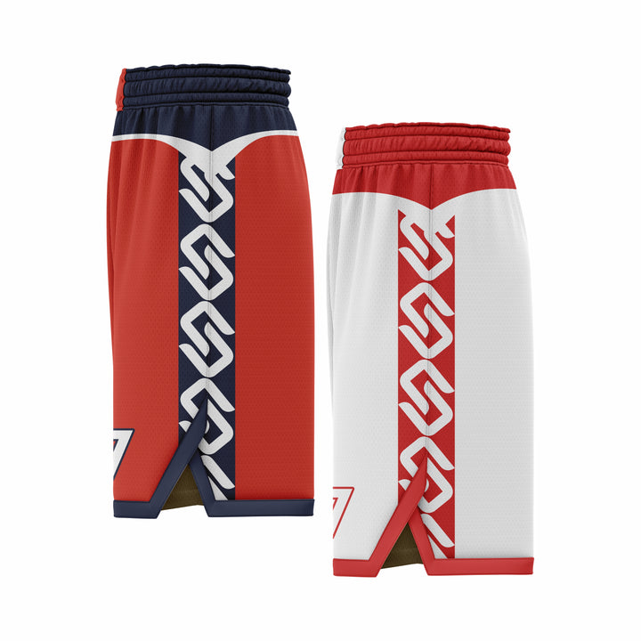 Custom White, Red & Dark Blue Reversible Double Side Sublimation Basketball Short
